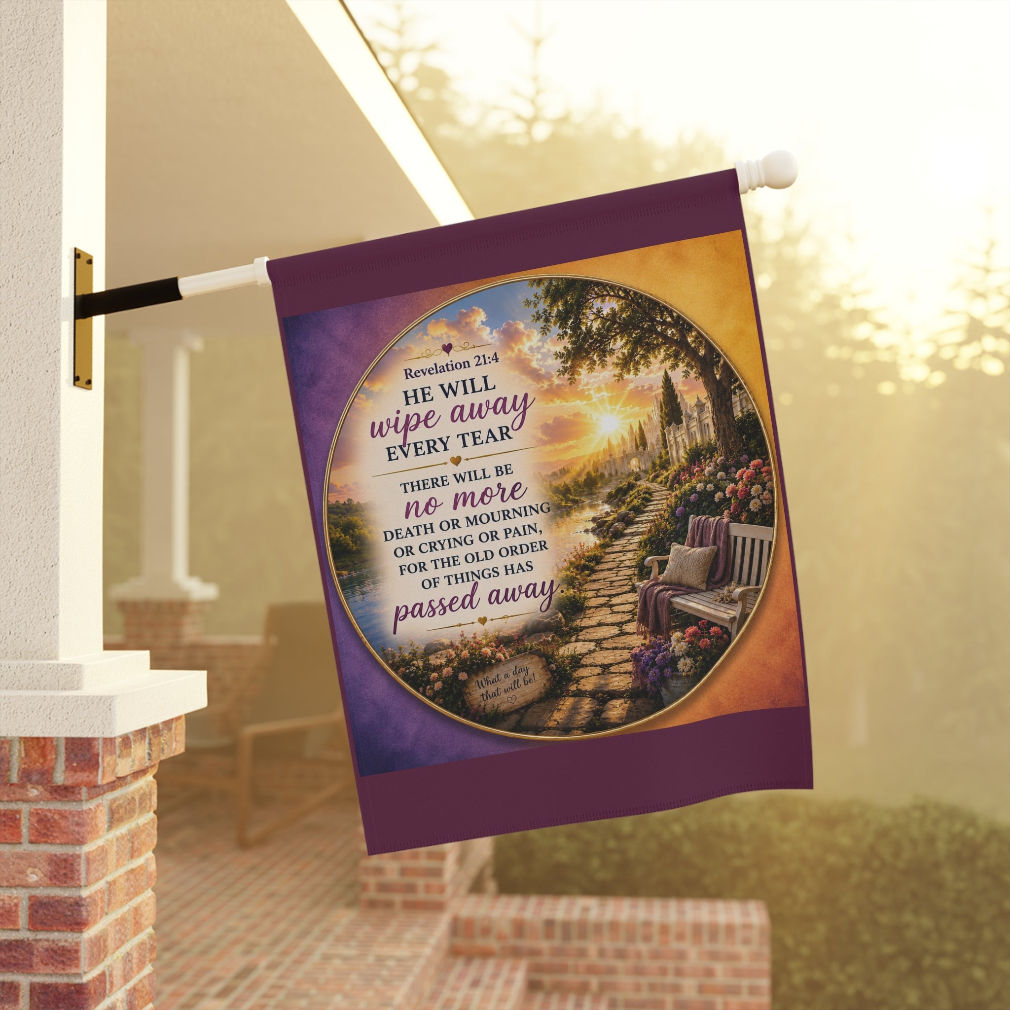 Inspirational Christian garden flag featuring a peaceful sunset garden path and bench with Revelation 21:4 scripture “He Will Wipe Away Every Tear” in warm glowing tones.