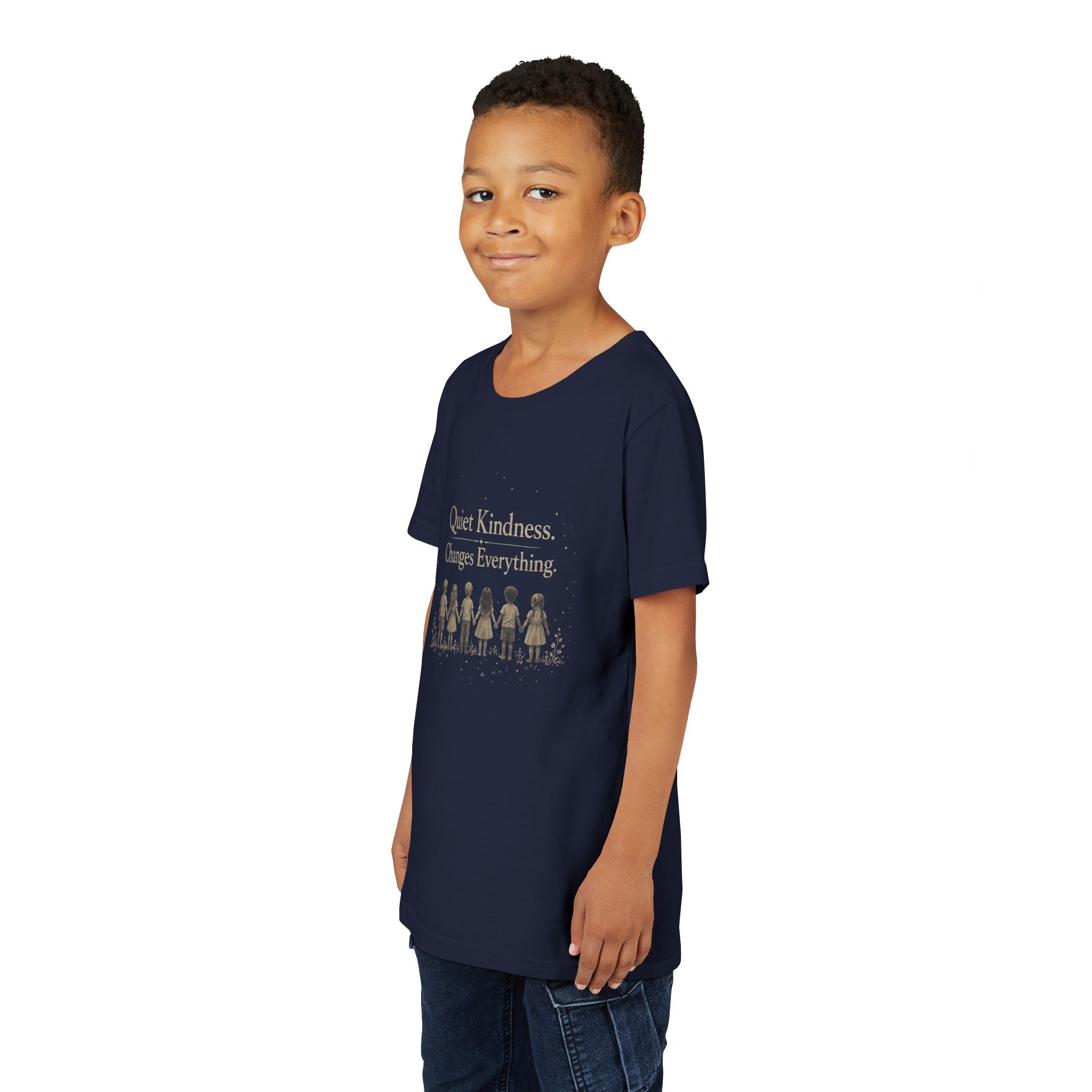 Youth “Quiet Kindness Changes Everything” Tee – Kids Inspirational T-Shirt with Earth & Friends Graphic