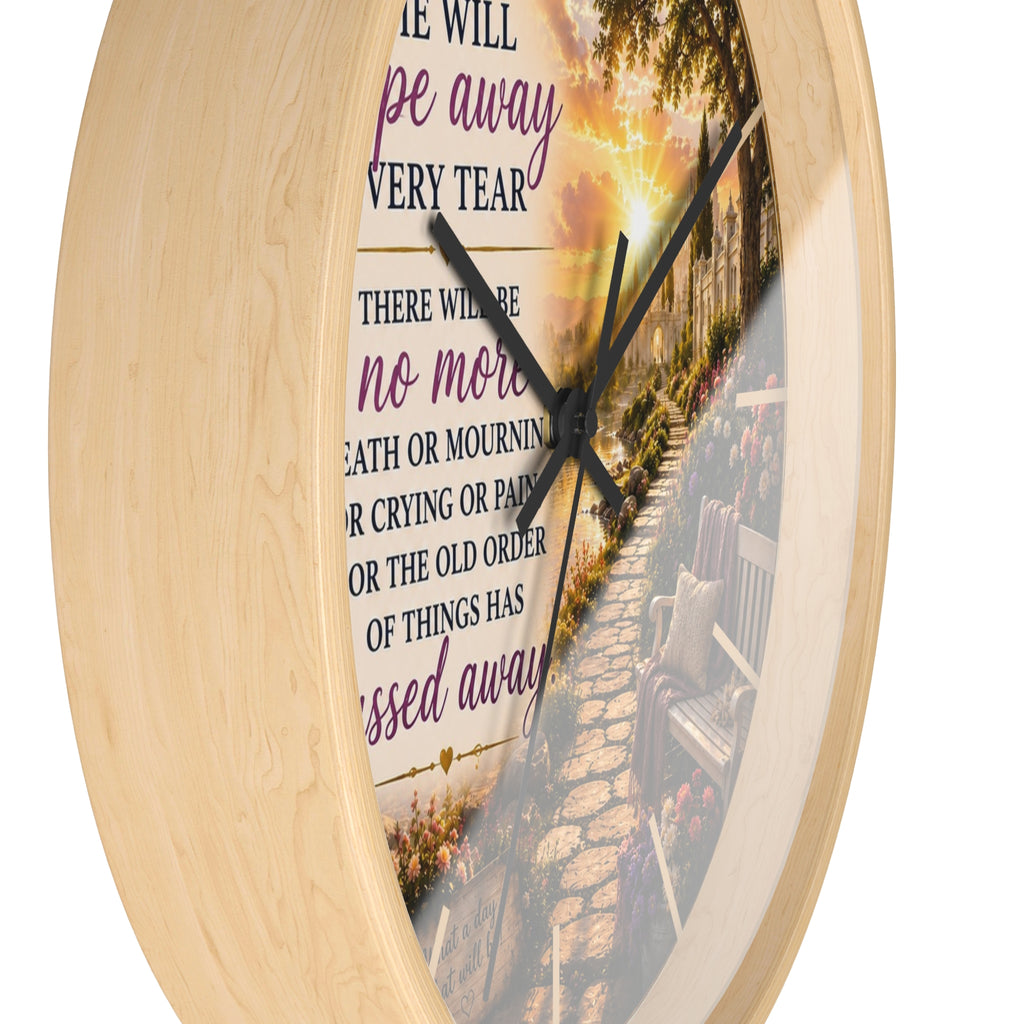 Revelation 21:4 Memorial Garden Wall Clock | Inspirational Christian Scripture Clock | Faith Home Decor
