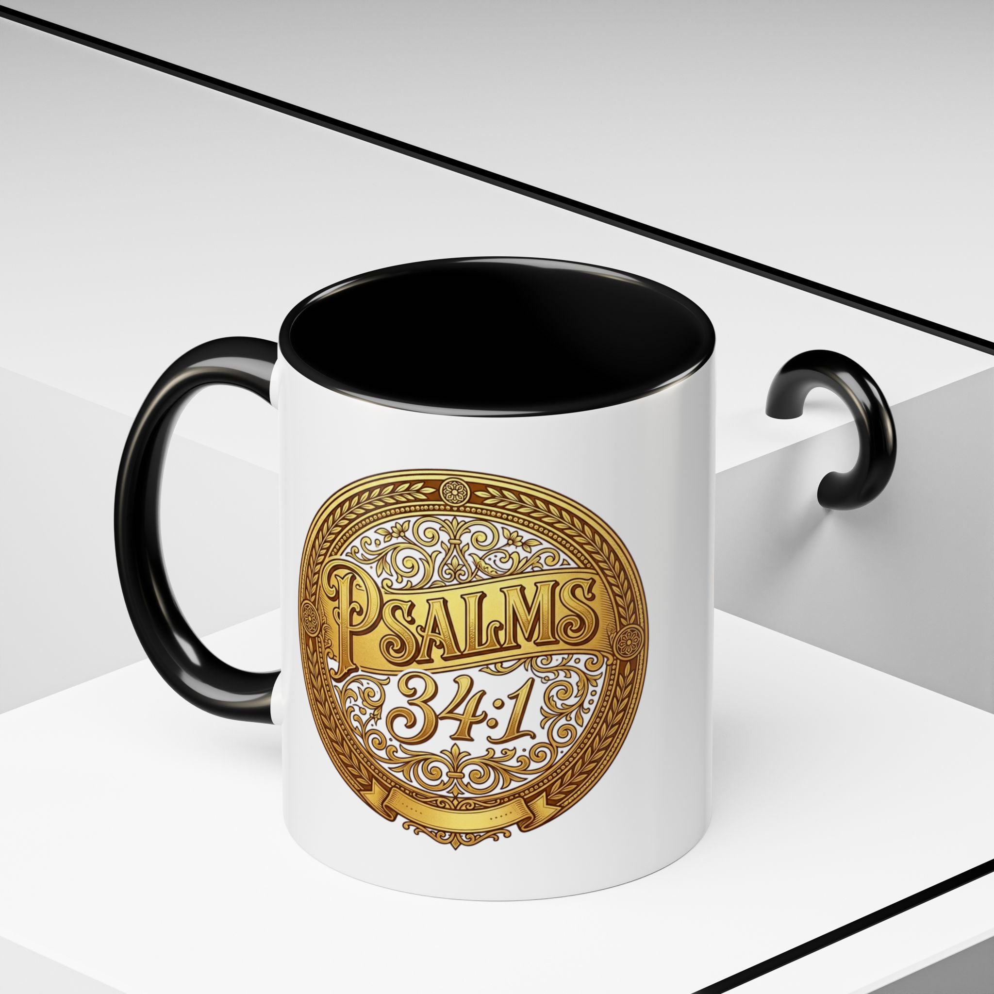 Inspirational Christian ceramic accent coffee mug featuring Psalm 34:1 in an ornate gold medallion design with colorful handle and interior accents.