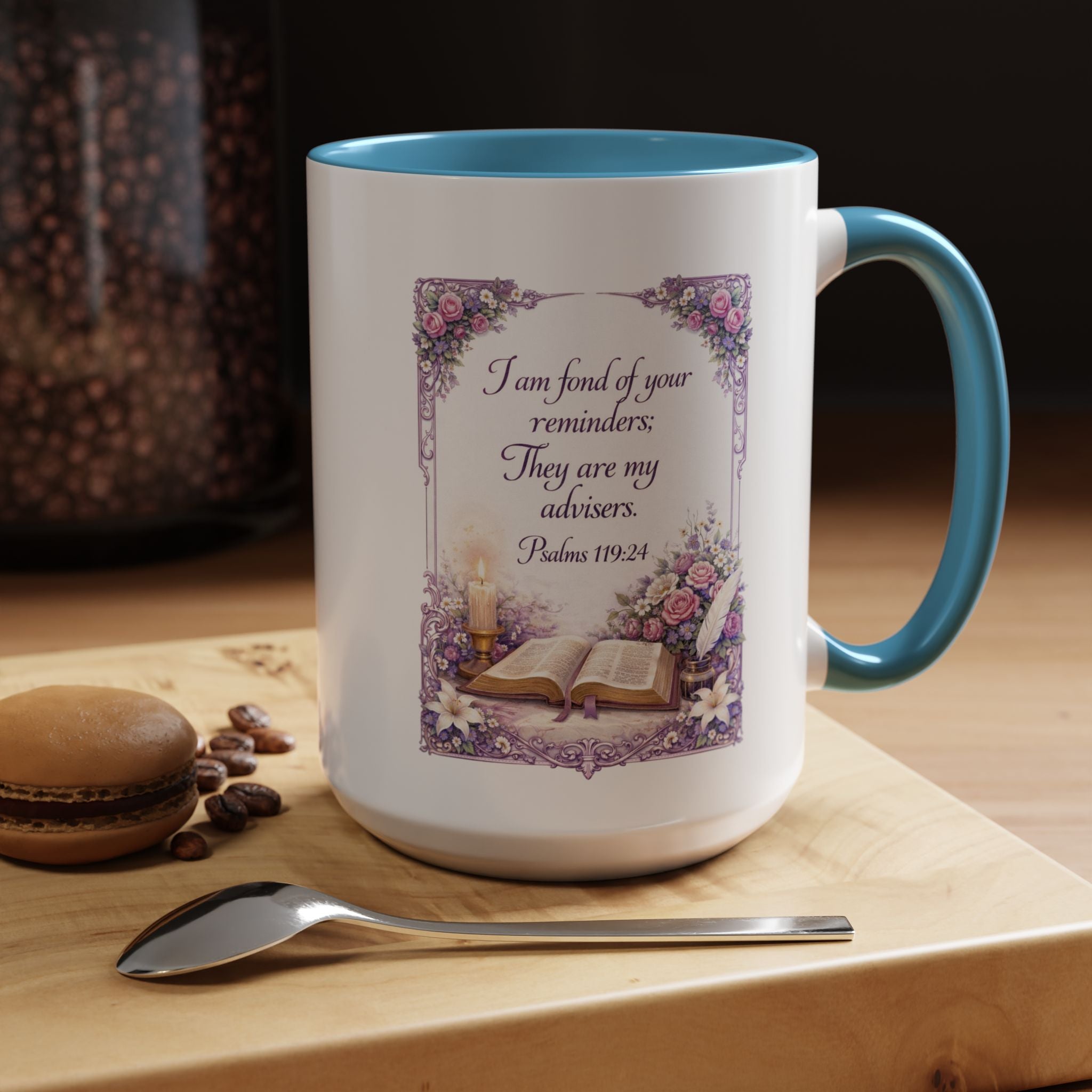 Inspirational Christian ceramic accent coffee mug featuring Psalm 119:24, delicate floral artwork, and the message “I am fond of your reminders” with colorful handle and interior accents.