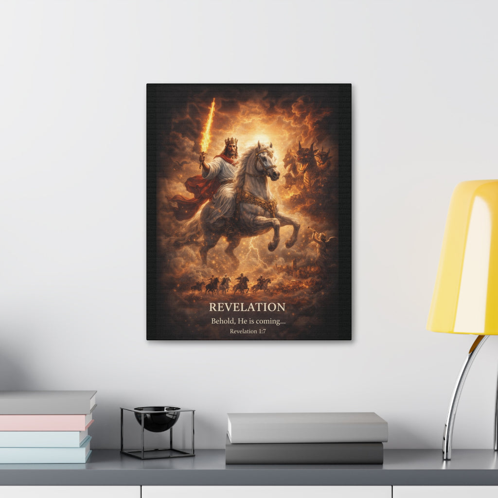 Revelation Canvas Art – “Behold, He Is Coming” Biblical Horseman Wall Decor | Christian Scripture Canvas