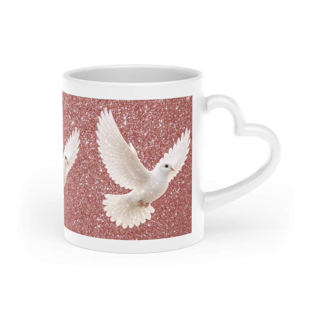 White ceramic heart-shaped handle mug featuring white doves flying across a shimmering rose gold sparkle background with vibrant wraparound artwork.