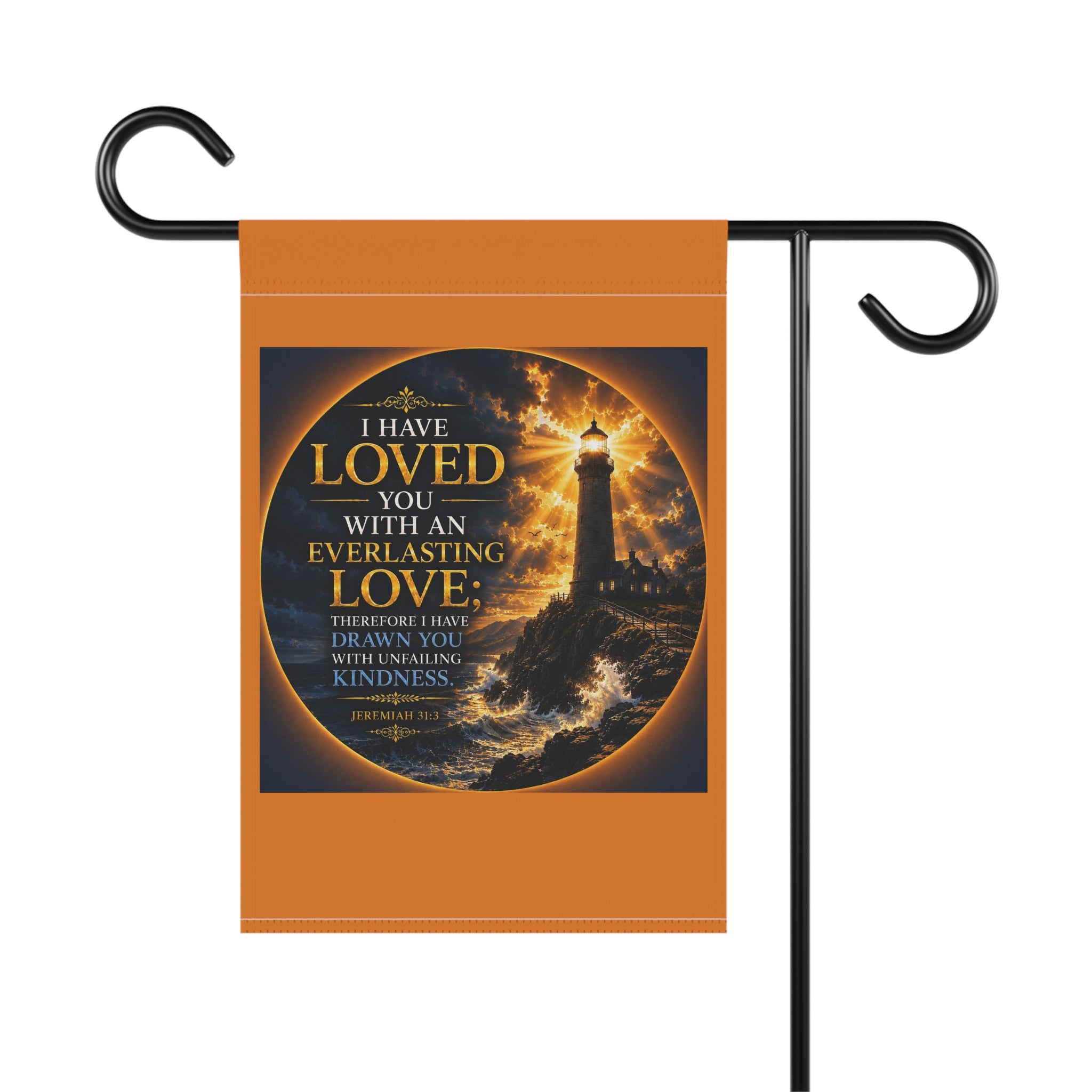 Everlasting Love Lighthouse Garden Flag | Jeremiah 31:3 Inspirational Outdoor Banner | Christian Coastal Decor