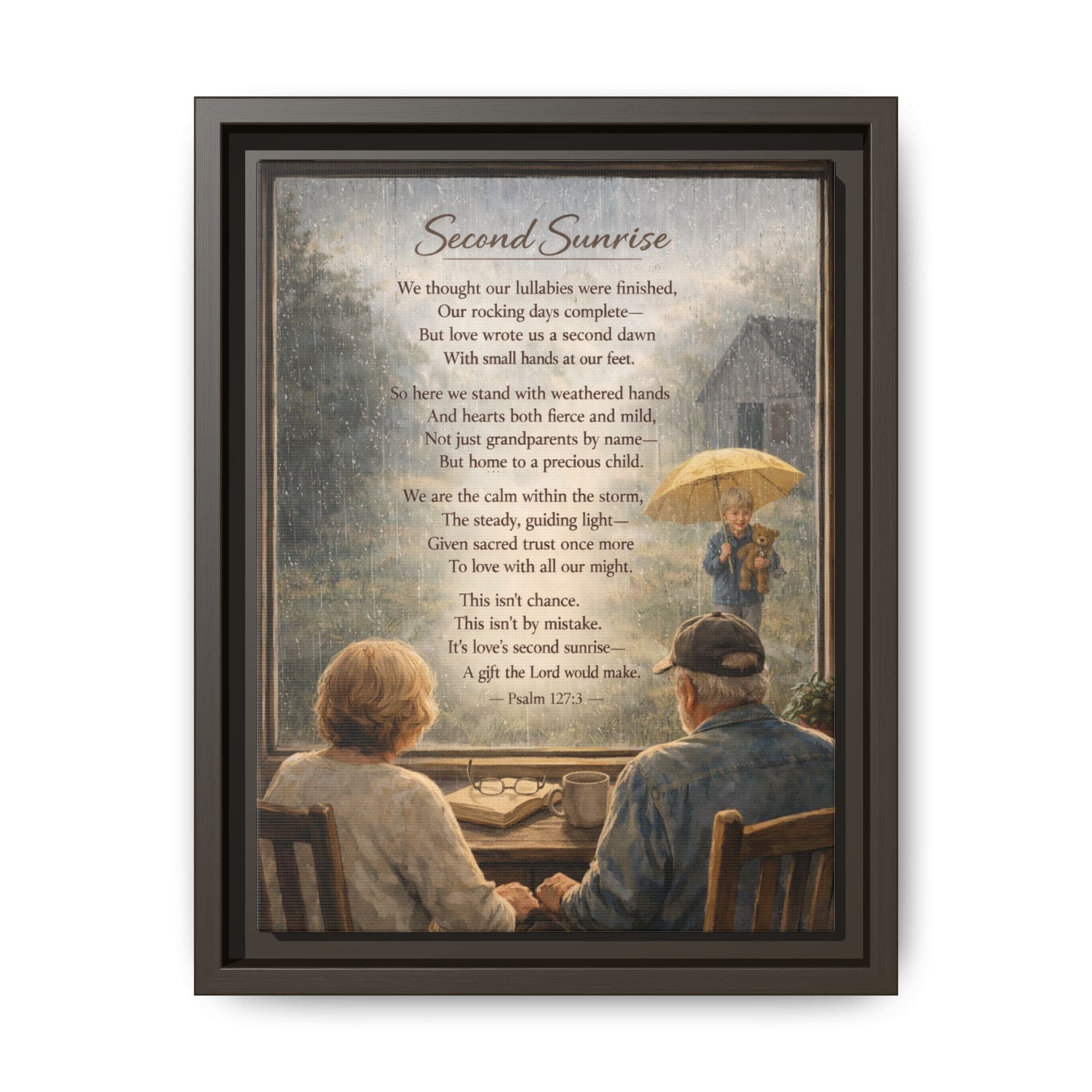 Framed canvas wall art featuring the Second Sunrise grandparents poem with warm family-inspired artwork celebrating faith, love, legacy, and generations.