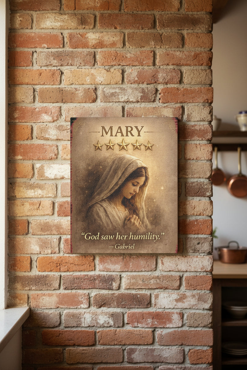 Vintage-style depiction of a woman in a headscarf with text 'God saw her humility' attributed to Gabriel on a brown background.