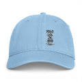 A light blue baseball cap with embroidered text on the front reading 'YOLO LOL JK BRB Jesus' in black and gold, shown against a plain white background.