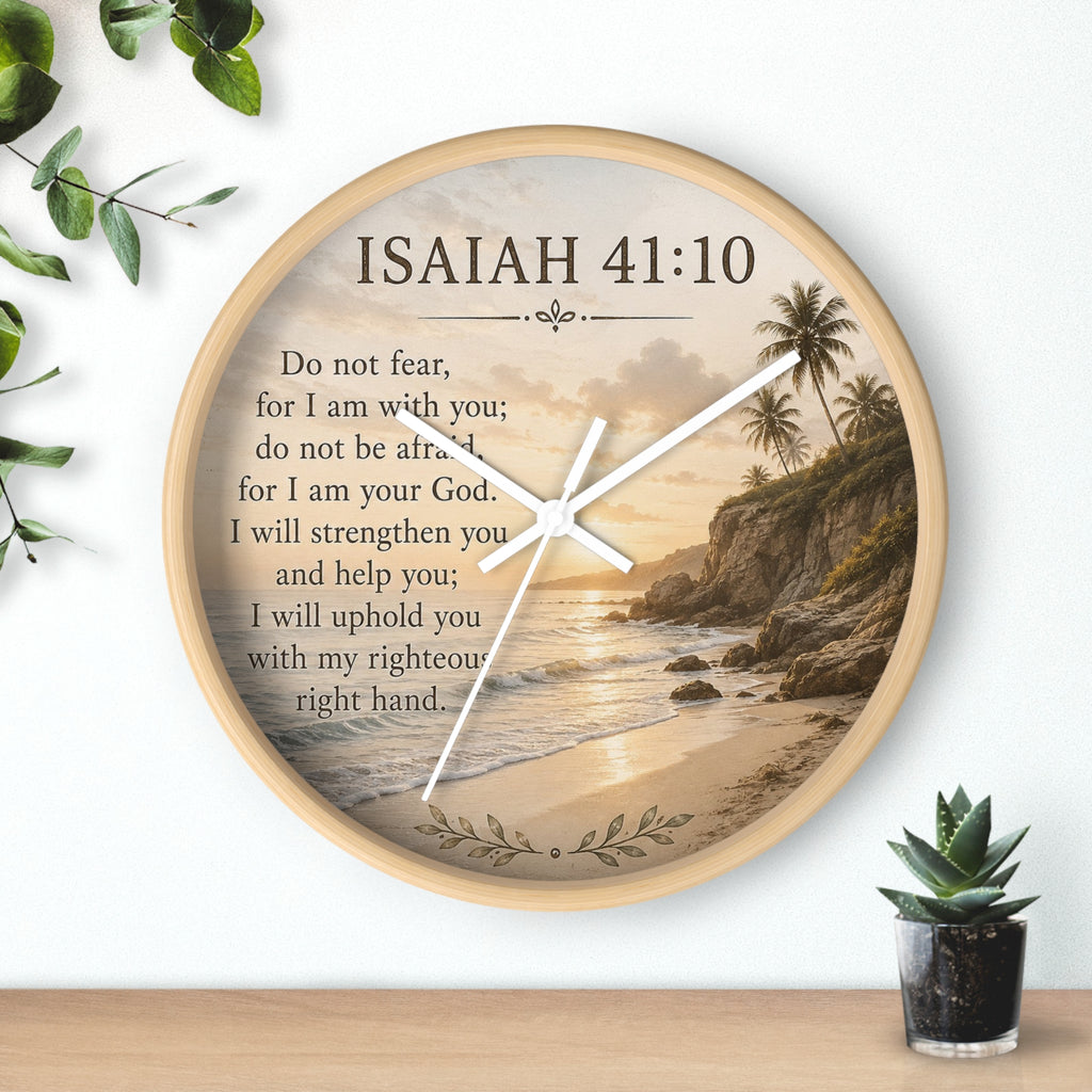 Inspirational Christian wall clock featuring Isaiah 41:10 scripture with faith-centered artwork and silent movement for peaceful home décor.