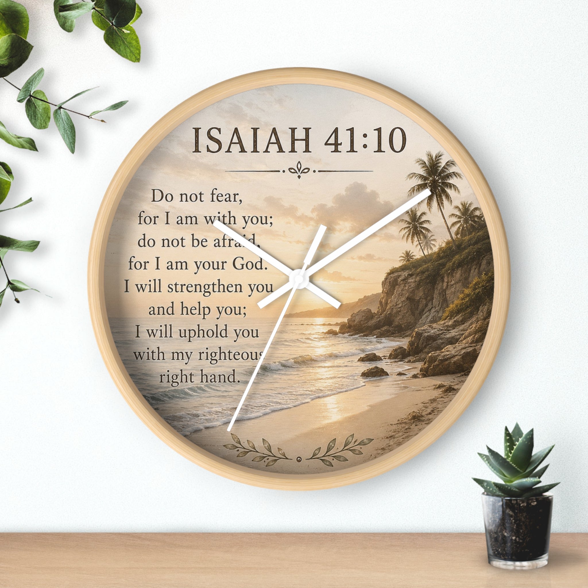 Inspirational Christian wall clock featuring Isaiah 41:10 scripture with faith-centered artwork and silent movement for peaceful home décor.