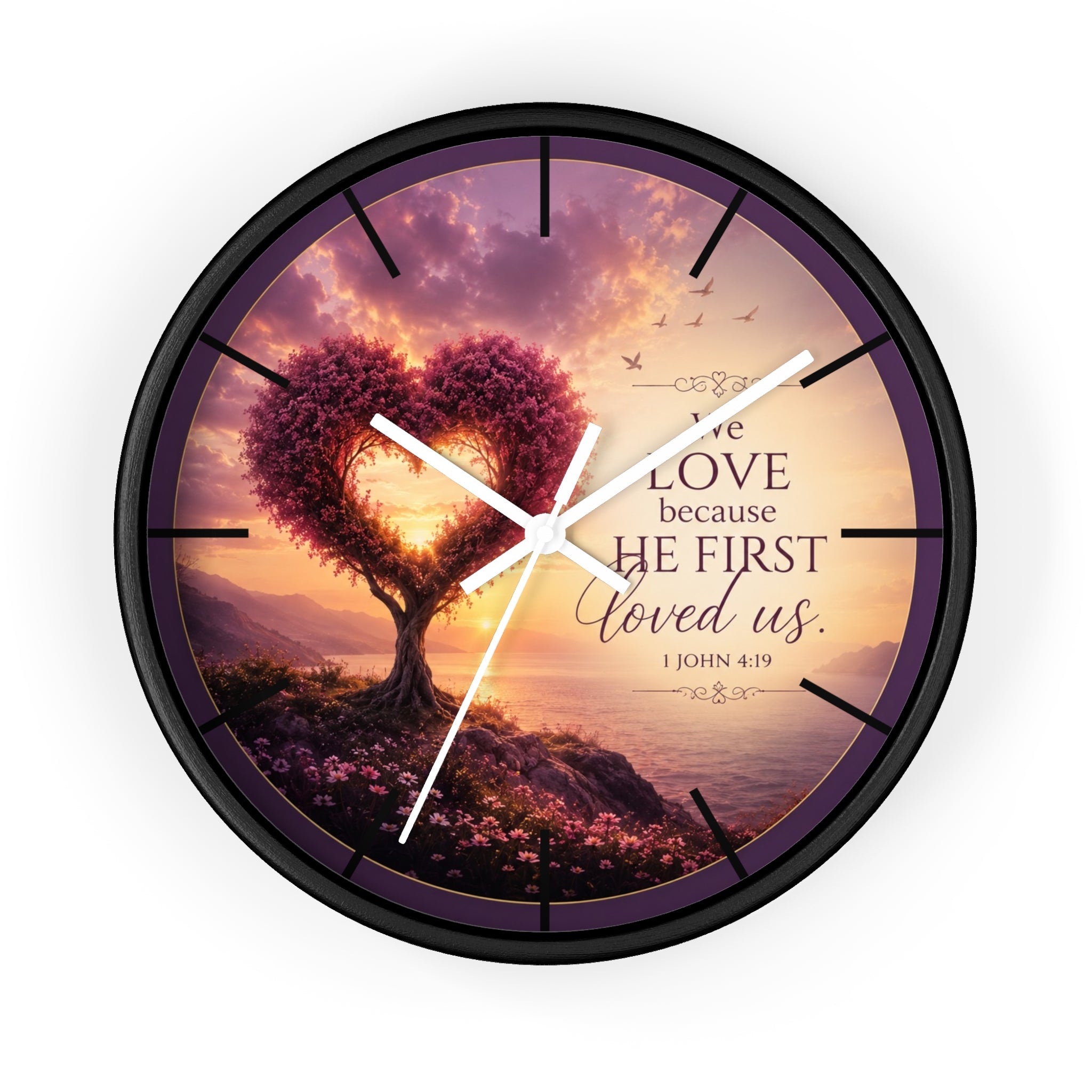 We Love Because He First Loved Us Wall Clock | Christian Heart Tree Decor | 1 John 4:19 Scripture Clock