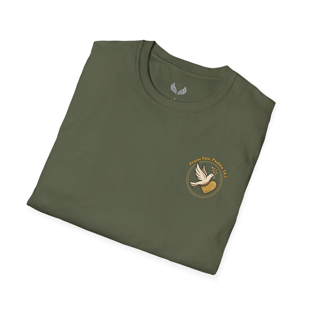 Minimalist Christian T-shirt featuring a Dove of Peace chest emblem with the words “Pray, Love, Remember” on a soft lightweight faith-inspired tee.