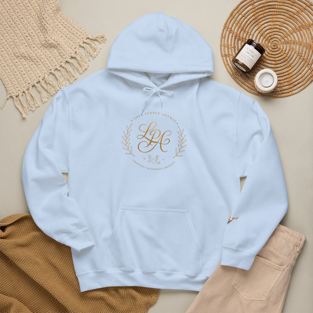 Inspirational Christian hoodie featuring elegant “Love People Anyway” script typography on a soft, cozy hooded sweatshirt designed to encourage kindness and compassion.