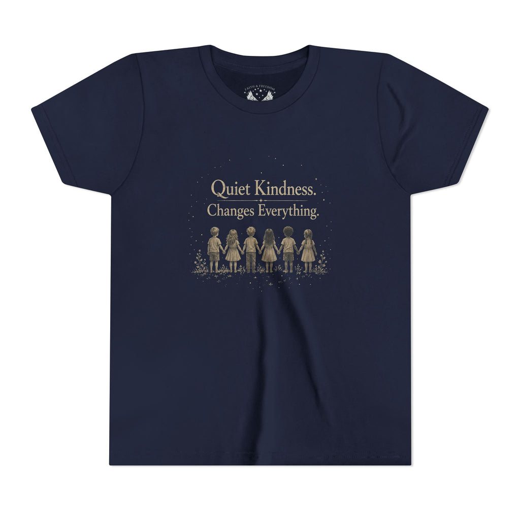 Youth “Quiet Kindness Changes Everything” Tee – Kids Inspirational T-Shirt with Earth & Friends Graphic