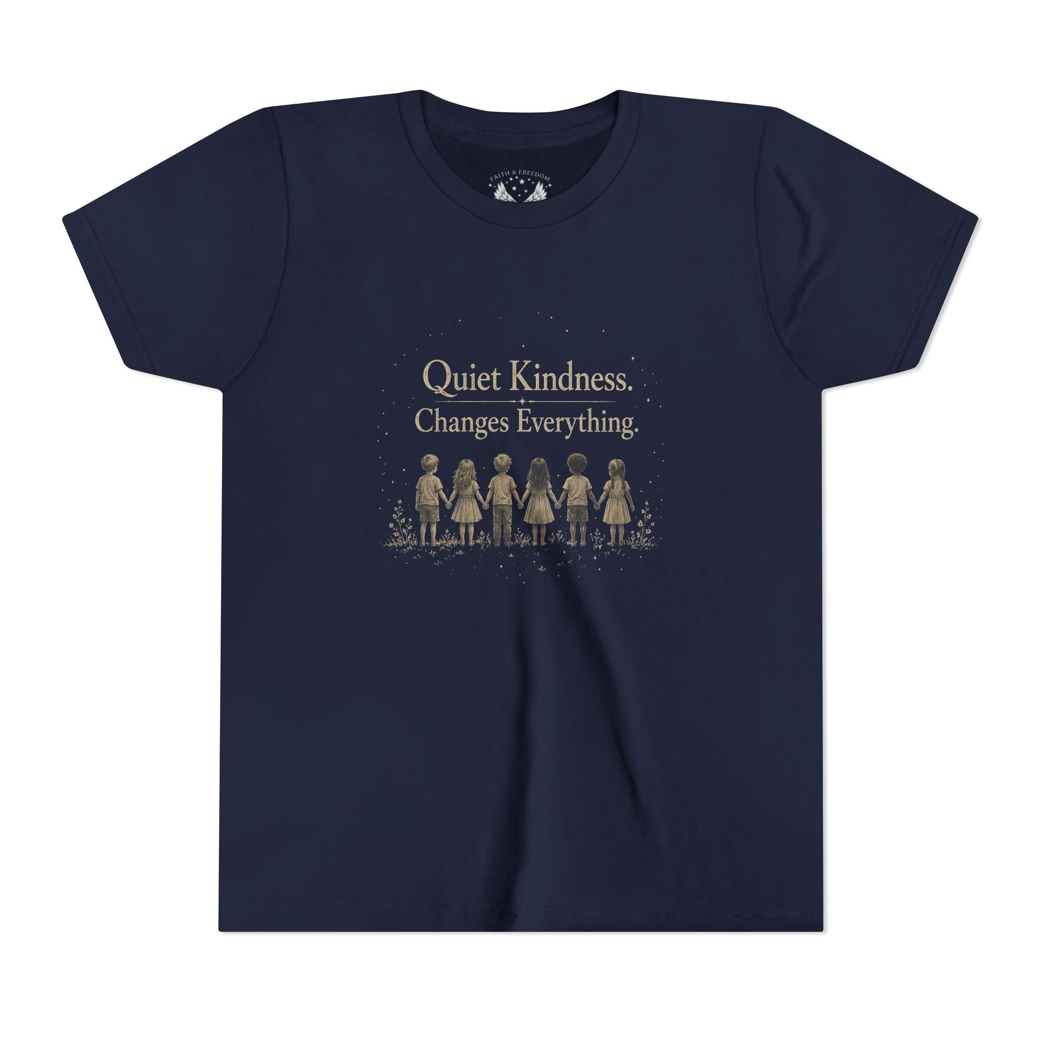 Youth “Quiet Kindness Changes Everything” Tee – Kids Inspirational T-Shirt with Earth & Friends Graphic
