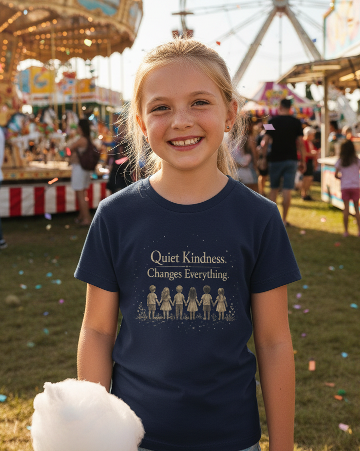 Youth “Quiet Kindness Changes Everything” Tee – Kids Inspirational T-Shirt with Earth & Friends Graphic
