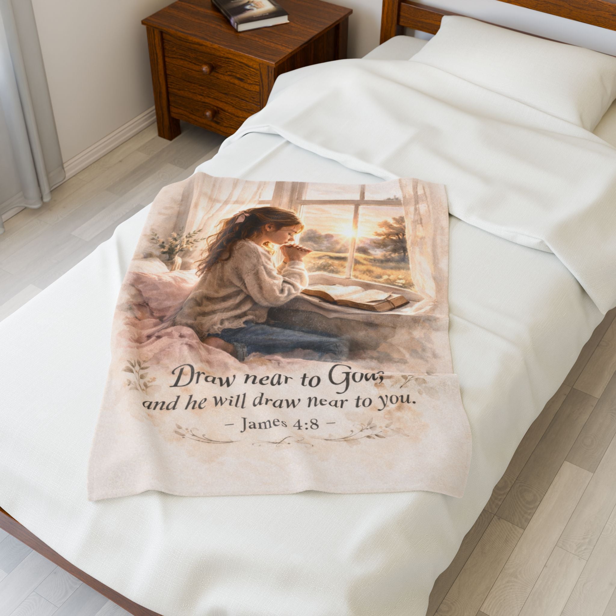 Draw Near to God Plush Blanket – James 4:8 Christian Throw | Prayerful Velveteen Cozy Blanket