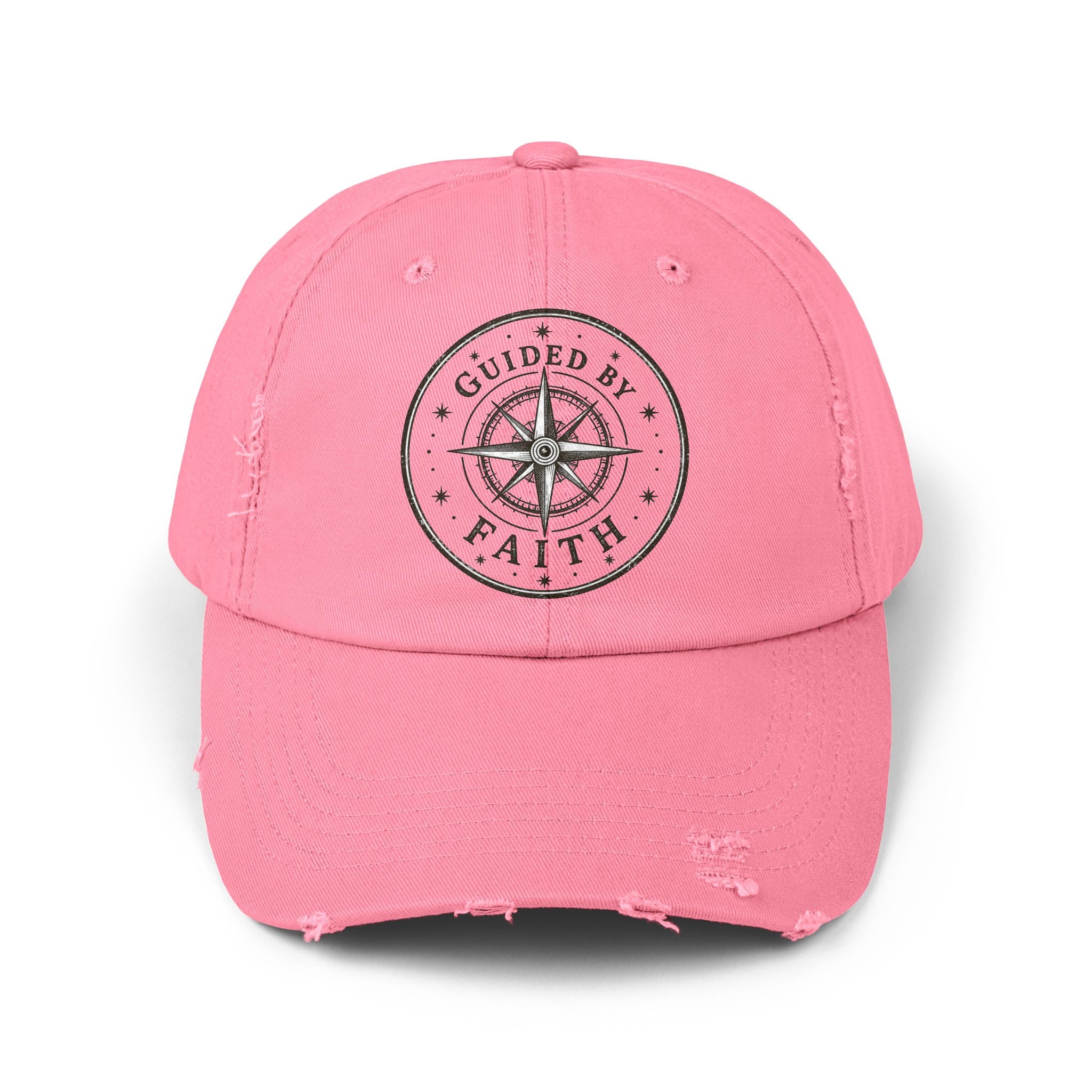 Vintage distressed Christian baseball cap featuring a compass emblem and the phrase “Guided by Faith” on a soft low-profile cotton twill hat.