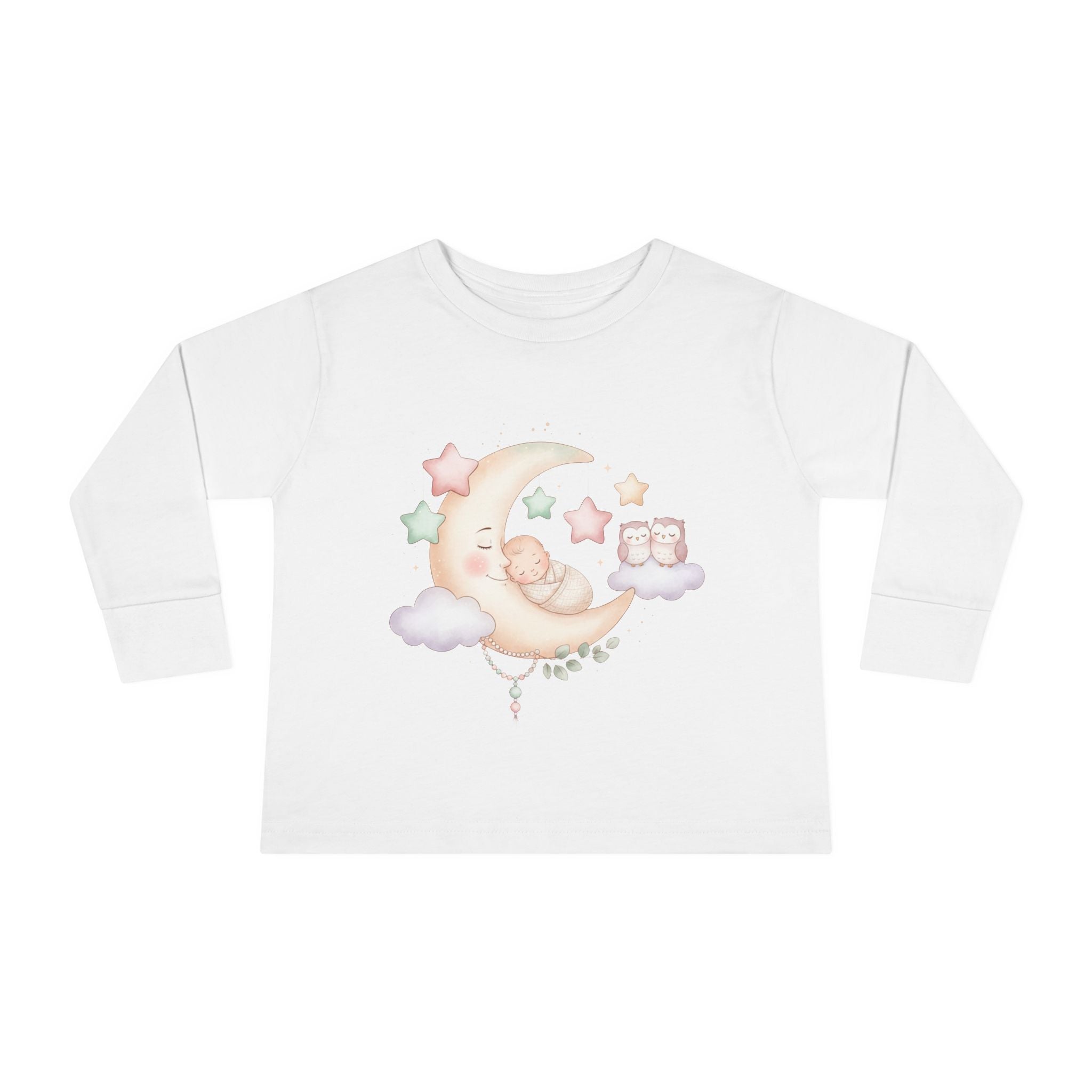 Baby Moon & Owl Toddler Long Sleeve Tee – Pastel Sleepy Moon Nursery Shirt | Cozy Toddler Pajama Style Tee