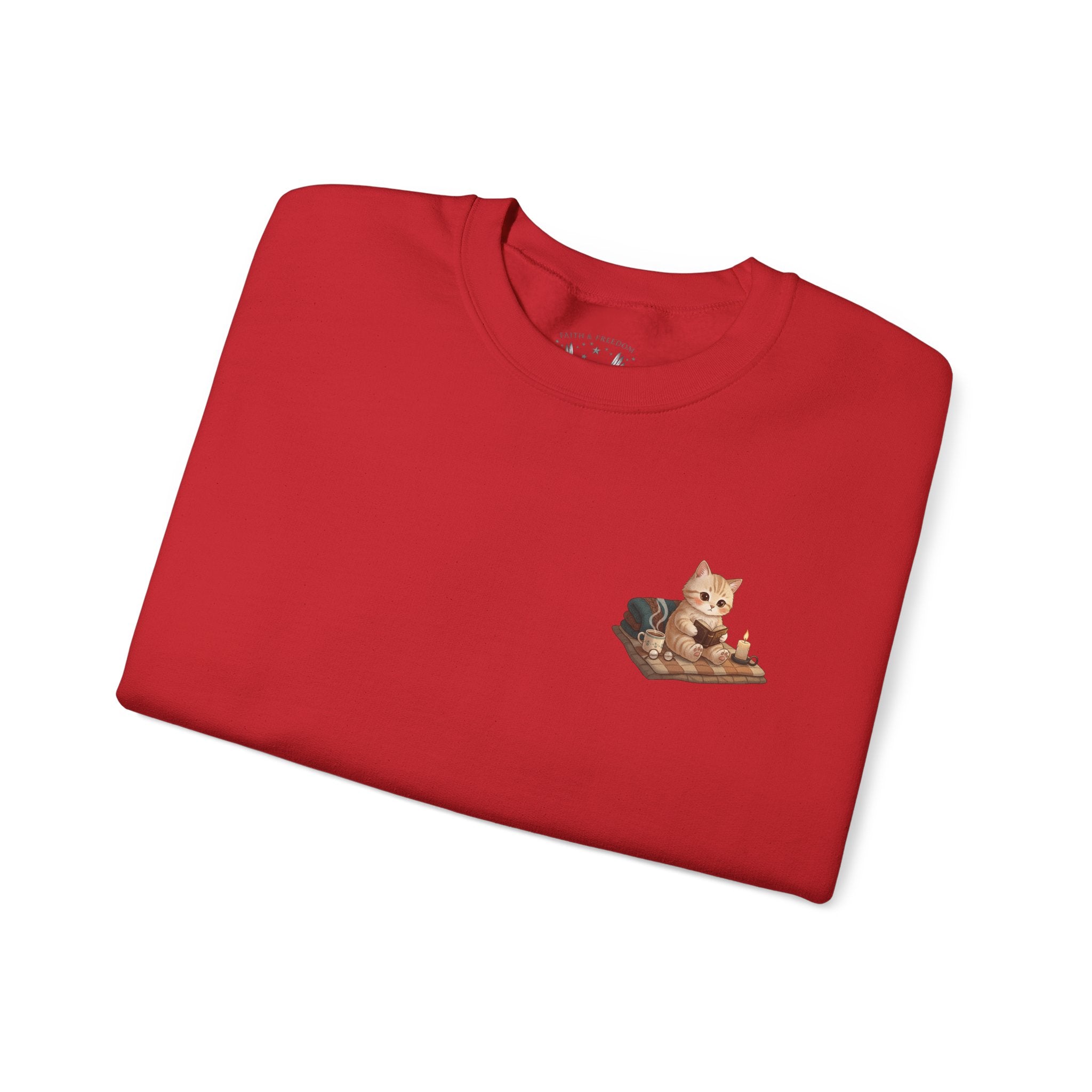 Faith Cozy Cat Crewneck Sweatshirt – Candlelight Cat Faith Sweatshirt | Quiet Comfort Apparel