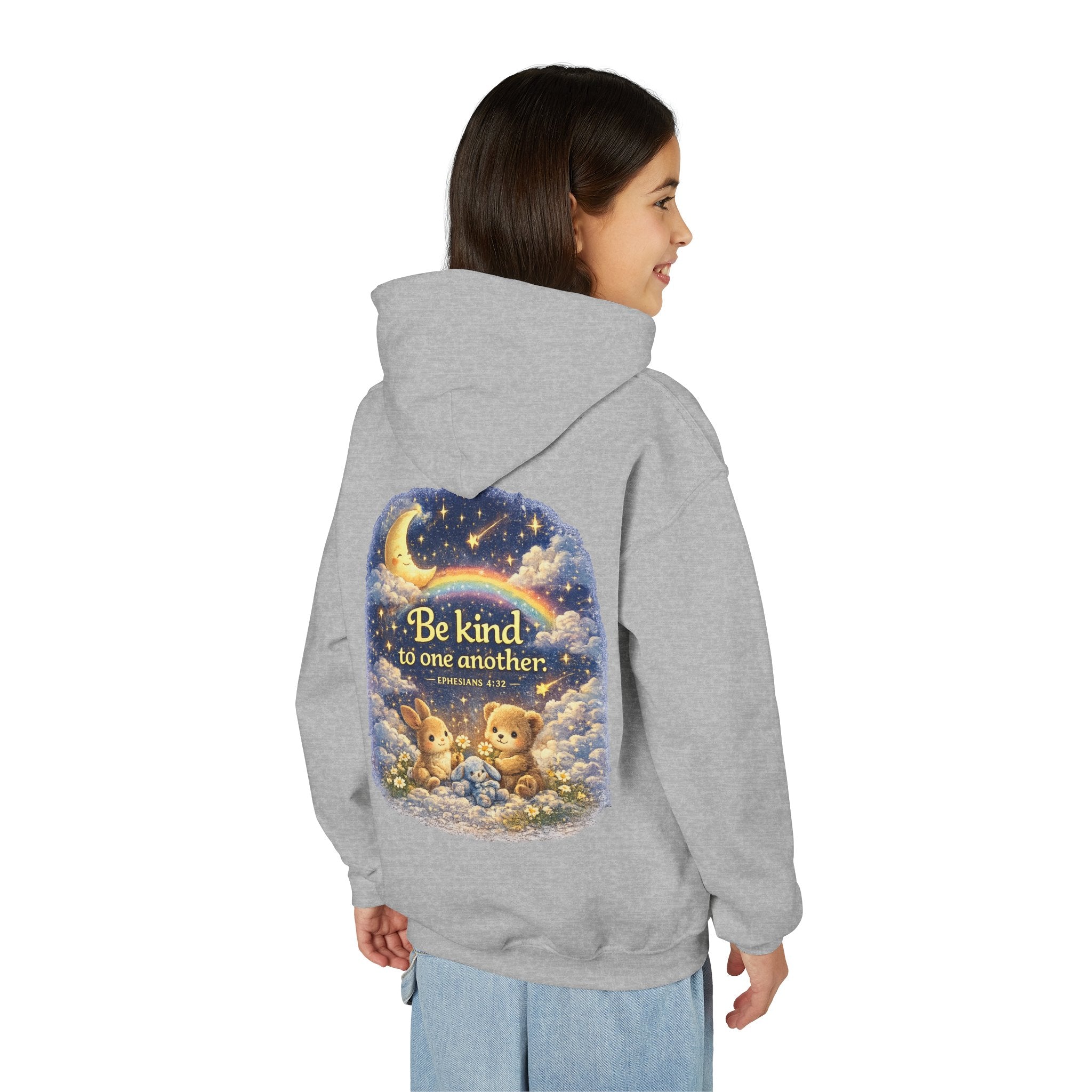 Youth “Be Kind to One Another” Hoodie – Cute Bunny Night Sky Scripture Sweatshirt