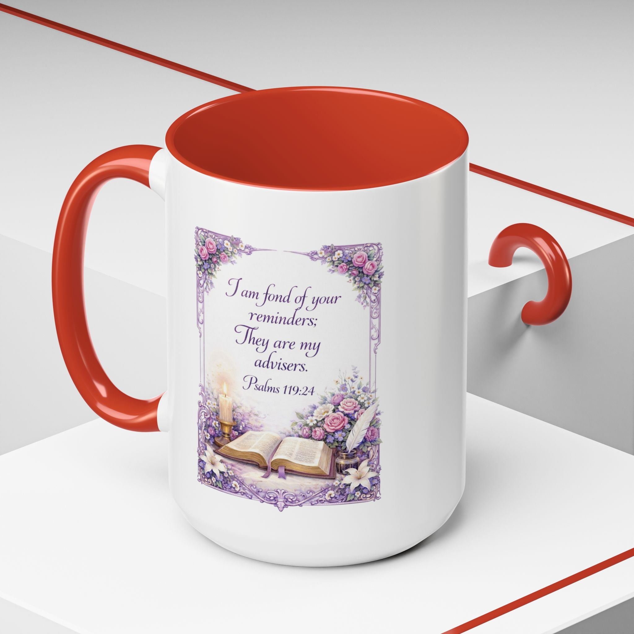 Inspirational Christian ceramic accent coffee mug featuring Psalm 119:24, delicate floral artwork, and the message “I am fond of your reminders” with colorful handle and interior accents.