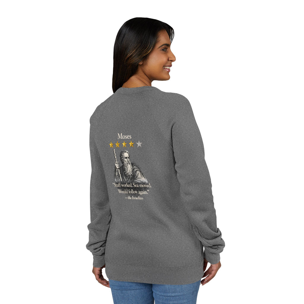 Moses Five-Star Faith Series – Raglan Sweatshirt | “Staff Worked. Sea Moved.” Faith Graphic