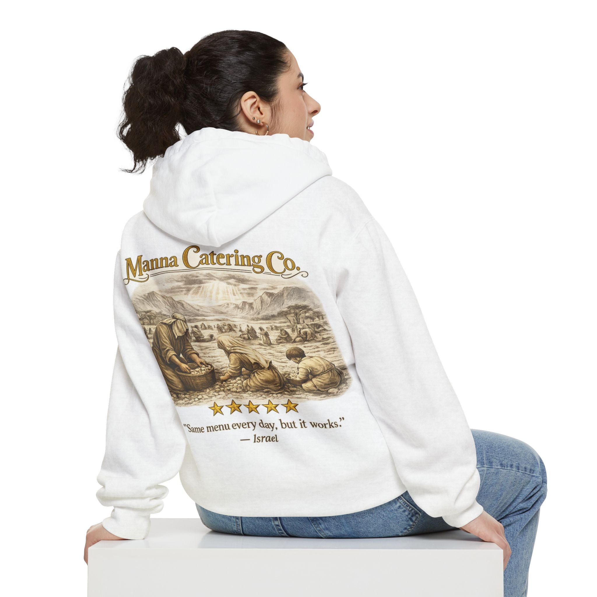 Manna Catering Co. – Hoodie | “Manna Review” Vintage Graphic – Five-Star Faith Series