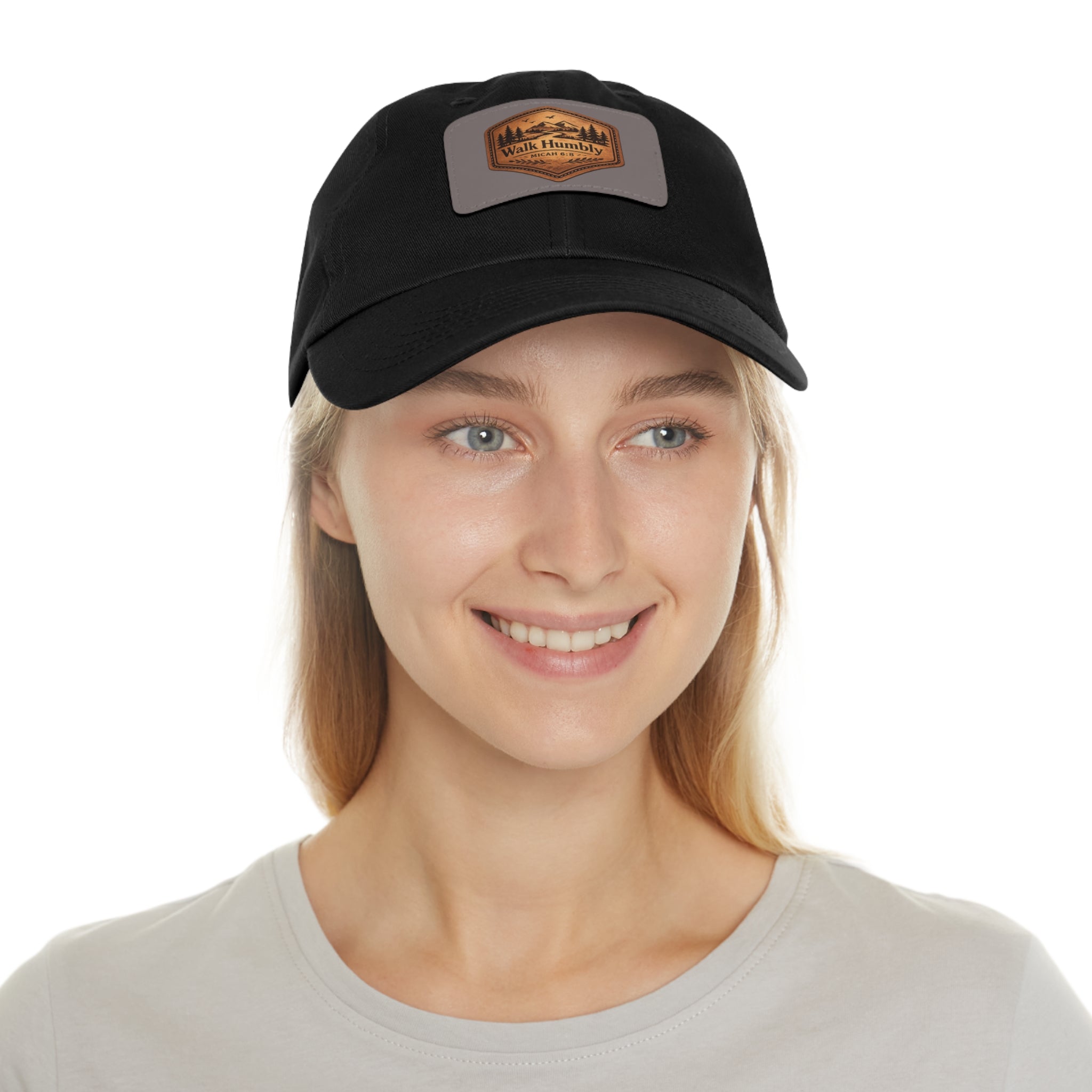 Vintage-inspired Christian dad hat featuring a faux leather “Walk Humbly” Micah 6:8 patch with rustic outdoor styling and antique brass buckle closure.