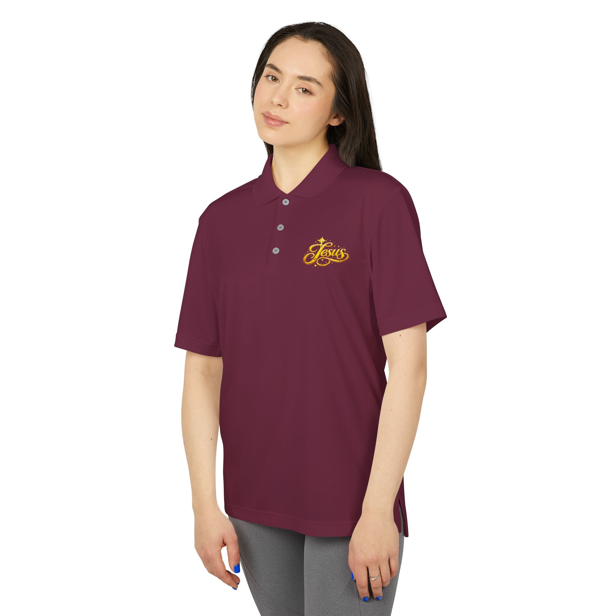 'Jesus' Script Embroidered Polo — Gold Faith Golf Shirt