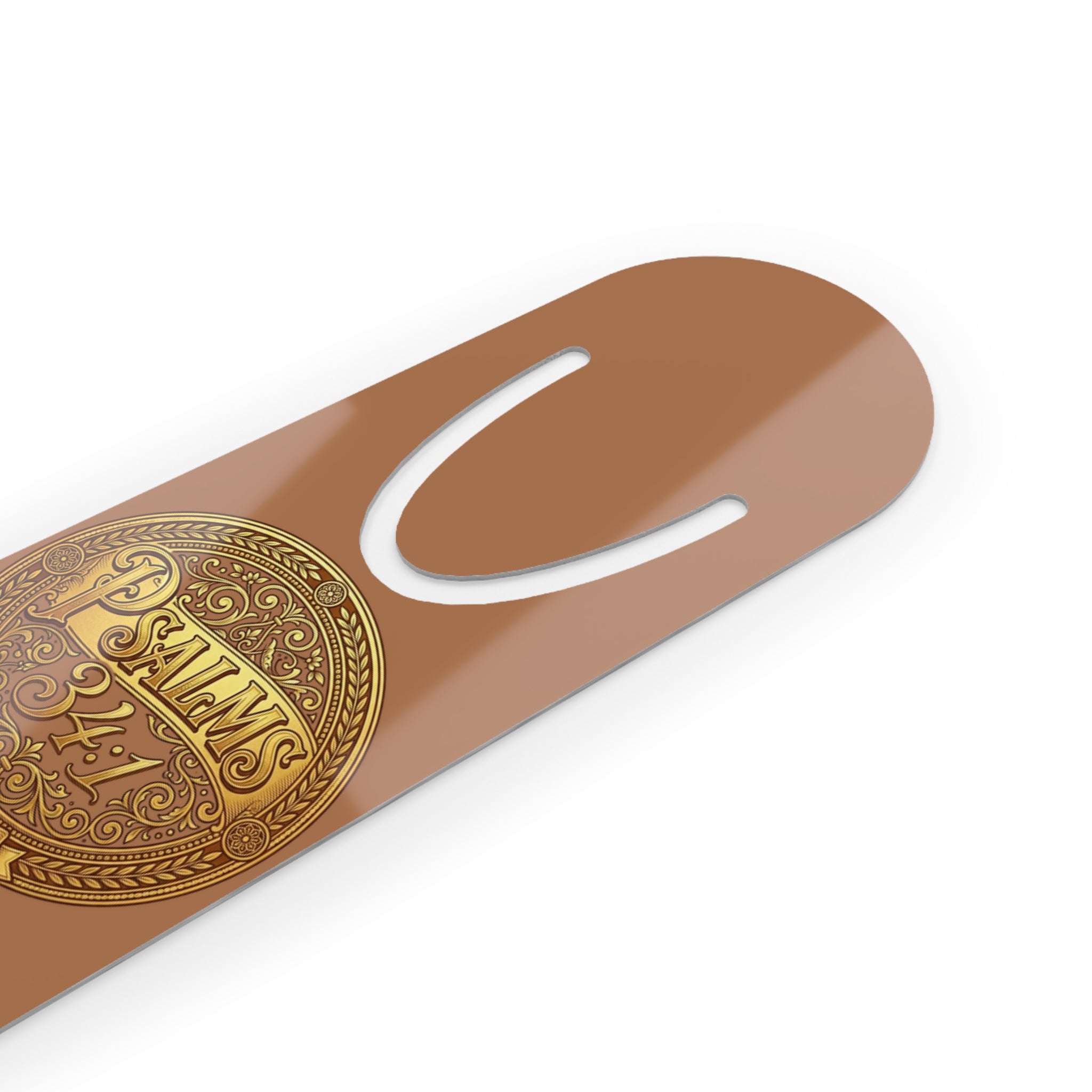 Personalized Christian aluminum bookmark featuring the word “Faith” and Psalm 34:1 in elegant gold-toned artwork with custom name option, brushed metal backing, and secure page-holding slot.