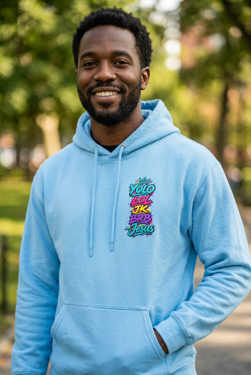 YOLO LOL JK BRB Jesus Hoodie | Neon Christian Graffiti Gildan Softstyle Pullover| Unisex