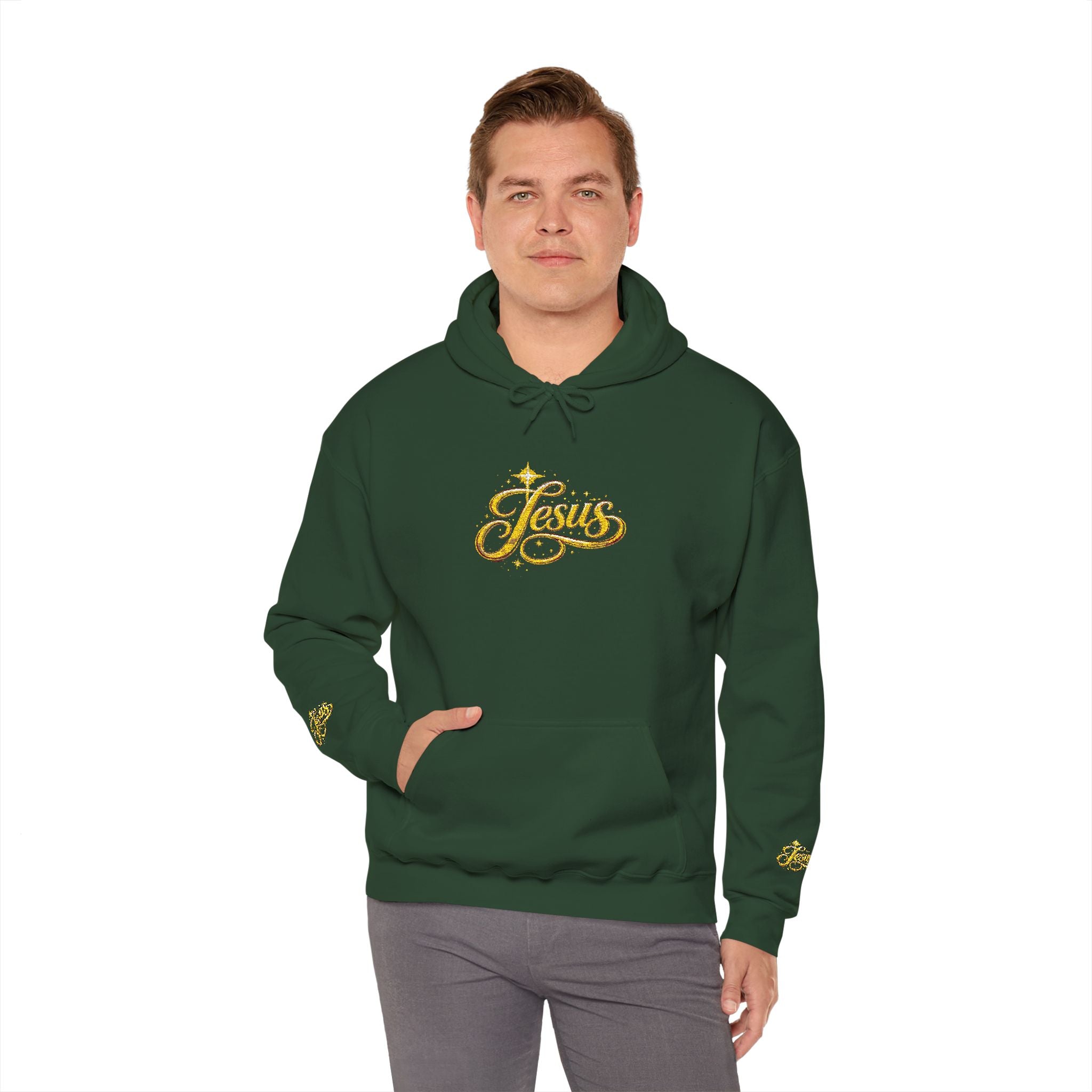 Jesus Gold Script Hoodie – Sparkle Christian Faith Pullover | Inspirational Hoodie