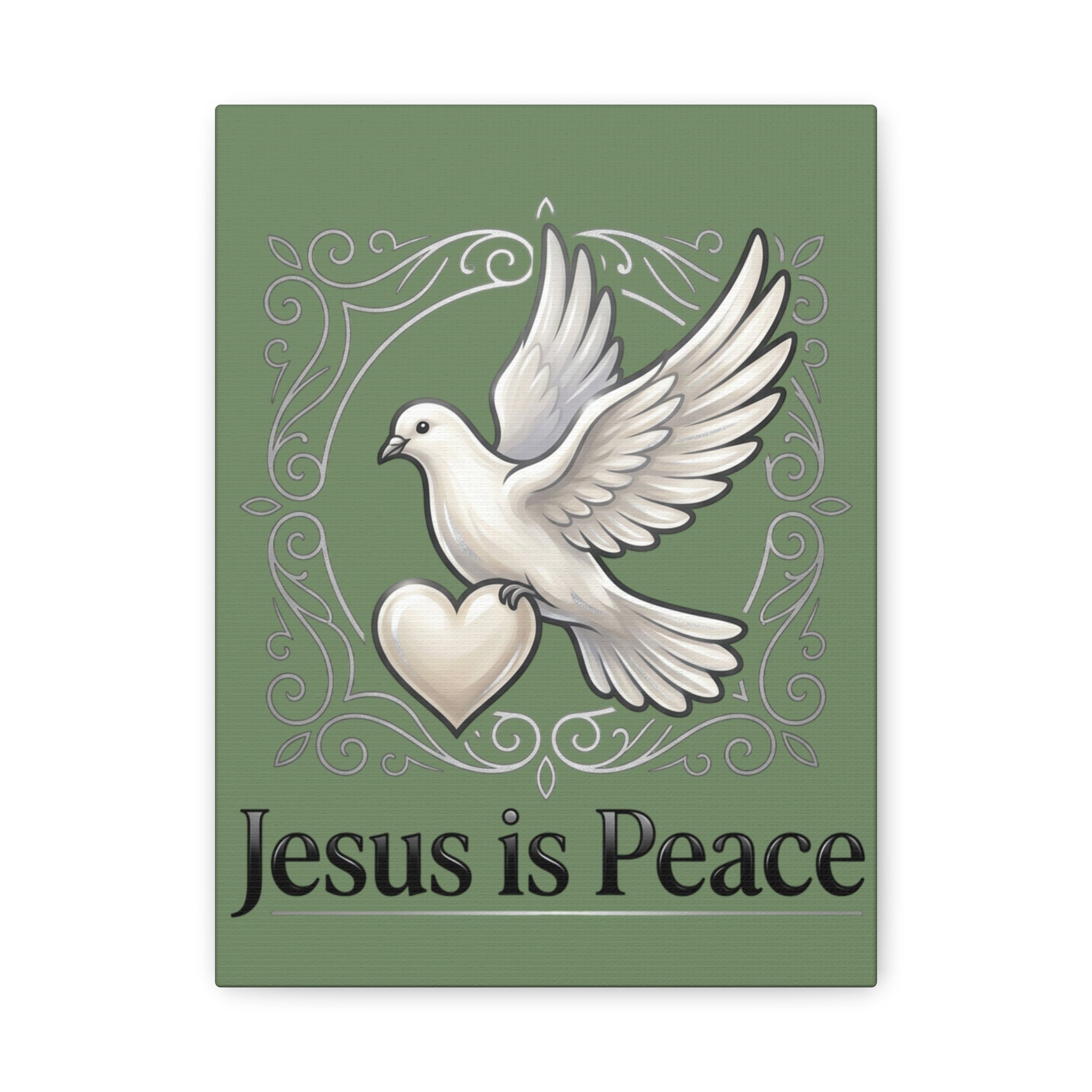 Matte stretched canvas wall art featuring a white dove with the words "Jesus Is Peace" in elegant lettering, creating peaceful Christian home décor.