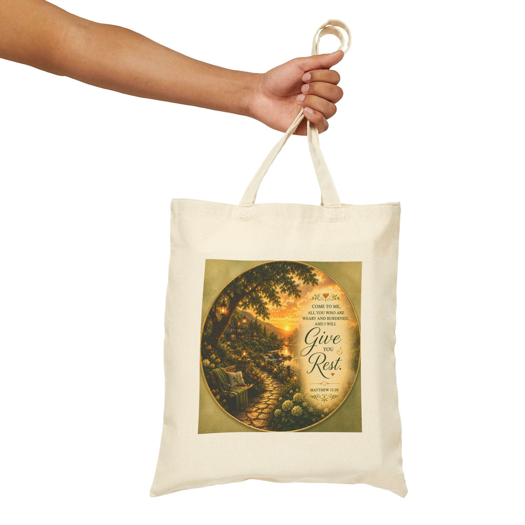 Come to Me and I Will Give You Rest Tote Bag | Matthew 11:28 Christian Canvas Tote