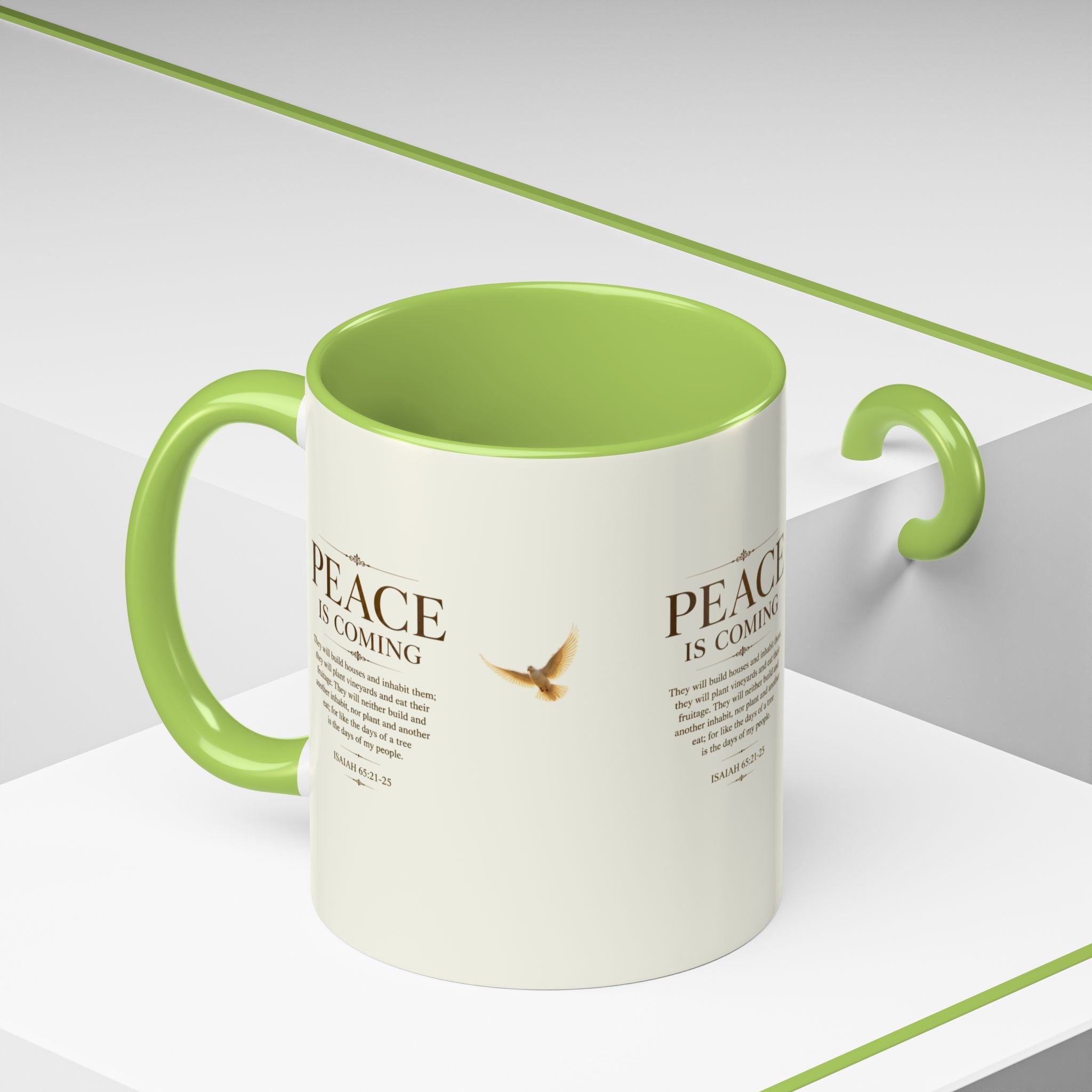 Inspirational Christian accent coffee mug featuring a peaceful dove and Isaiah 65:21-25 scripture with glossy finish and colorful handle and interior.