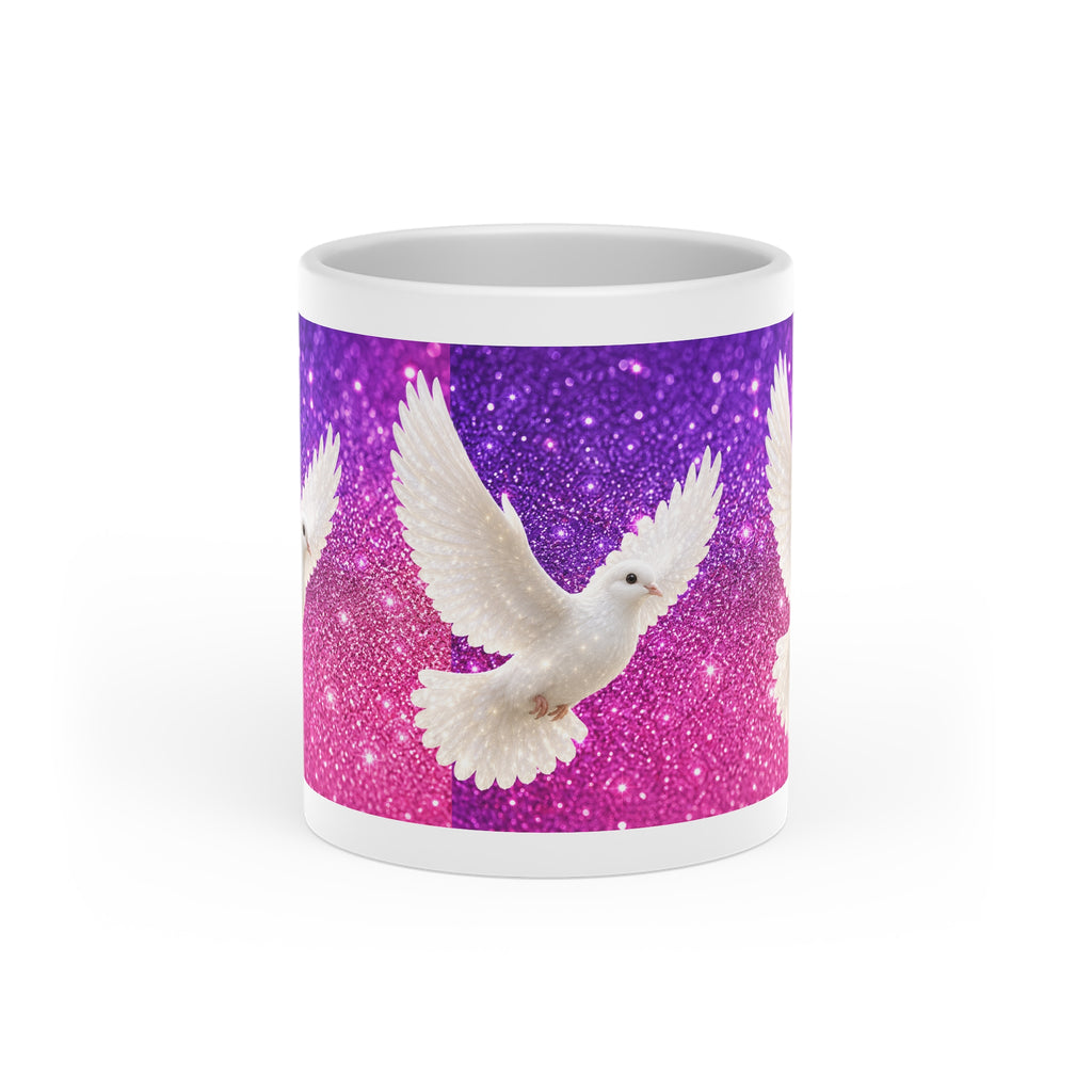 White ceramic heart-shaped handle mug featuring white doves flying across a sparkling pink and purple gradient background with vibrant wraparound artwork.