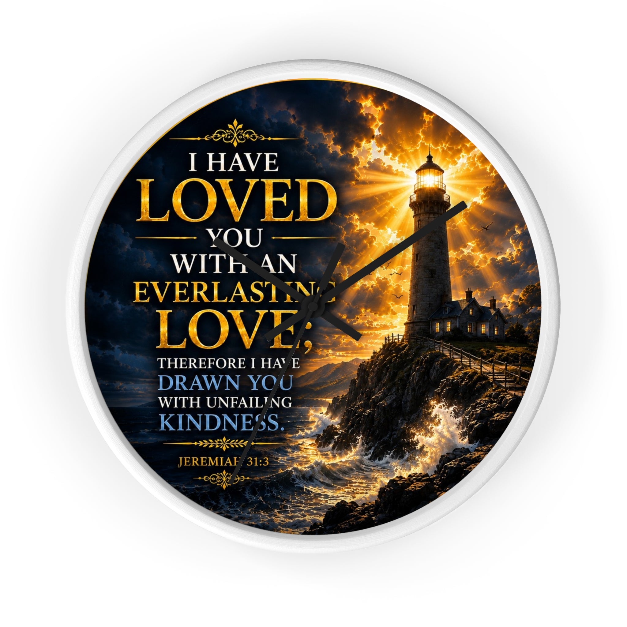 Inspirational Christian wall clock featuring a glowing lighthouse over stormy seas with Jeremiah 31:3 scripture about everlasting love in warm golden tones.