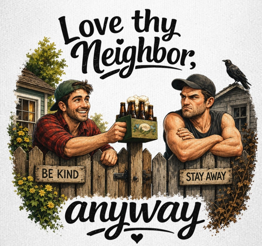 Love Thy Neighbor Anyway Can Cooler | Funny Christian Neoprene Beer Sleeve | 12 oz Drink Insulator
