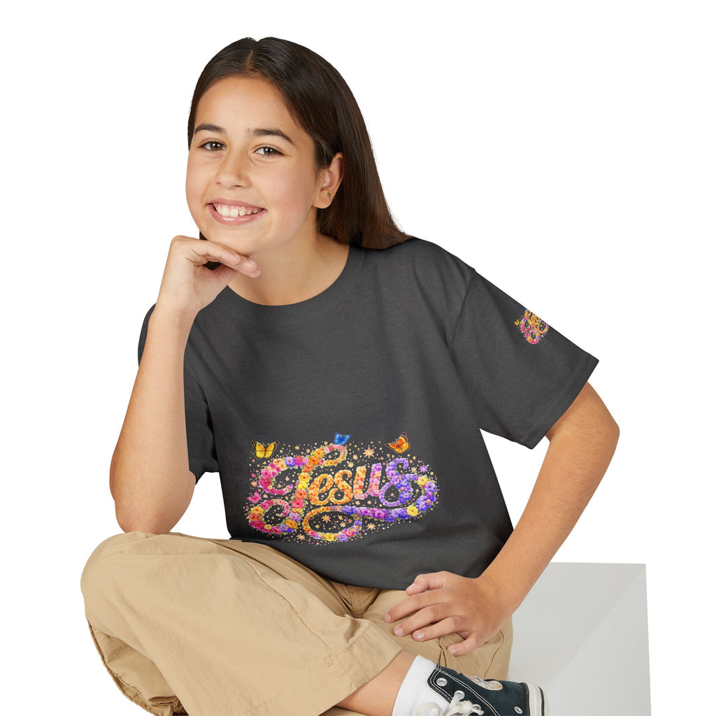Youth Jesus Floral Butterfly T-Shirt – Christian Kids Faith Tee | Gratitude Sneaker Style Shirt