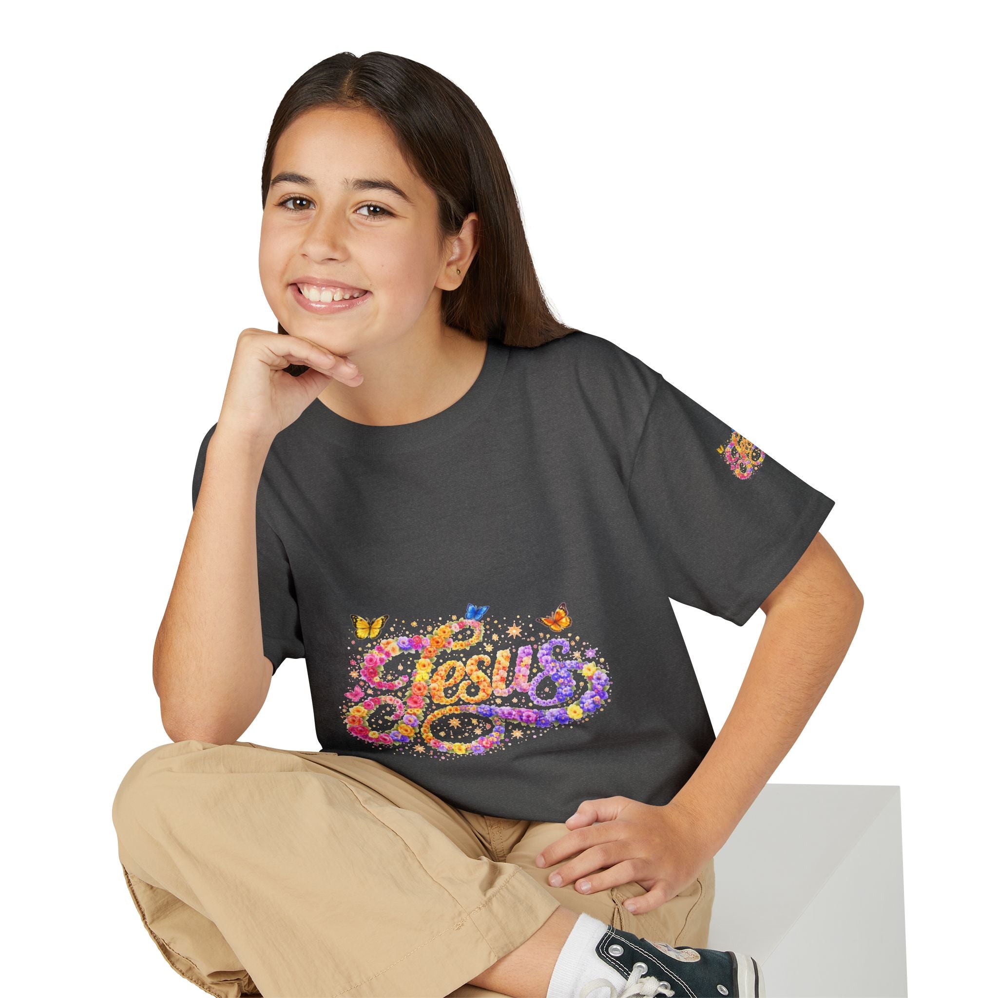 Youth Jesus Floral Butterfly T-Shirt – Christian Kids Faith Tee | Gratitude Sneaker Style Shirt