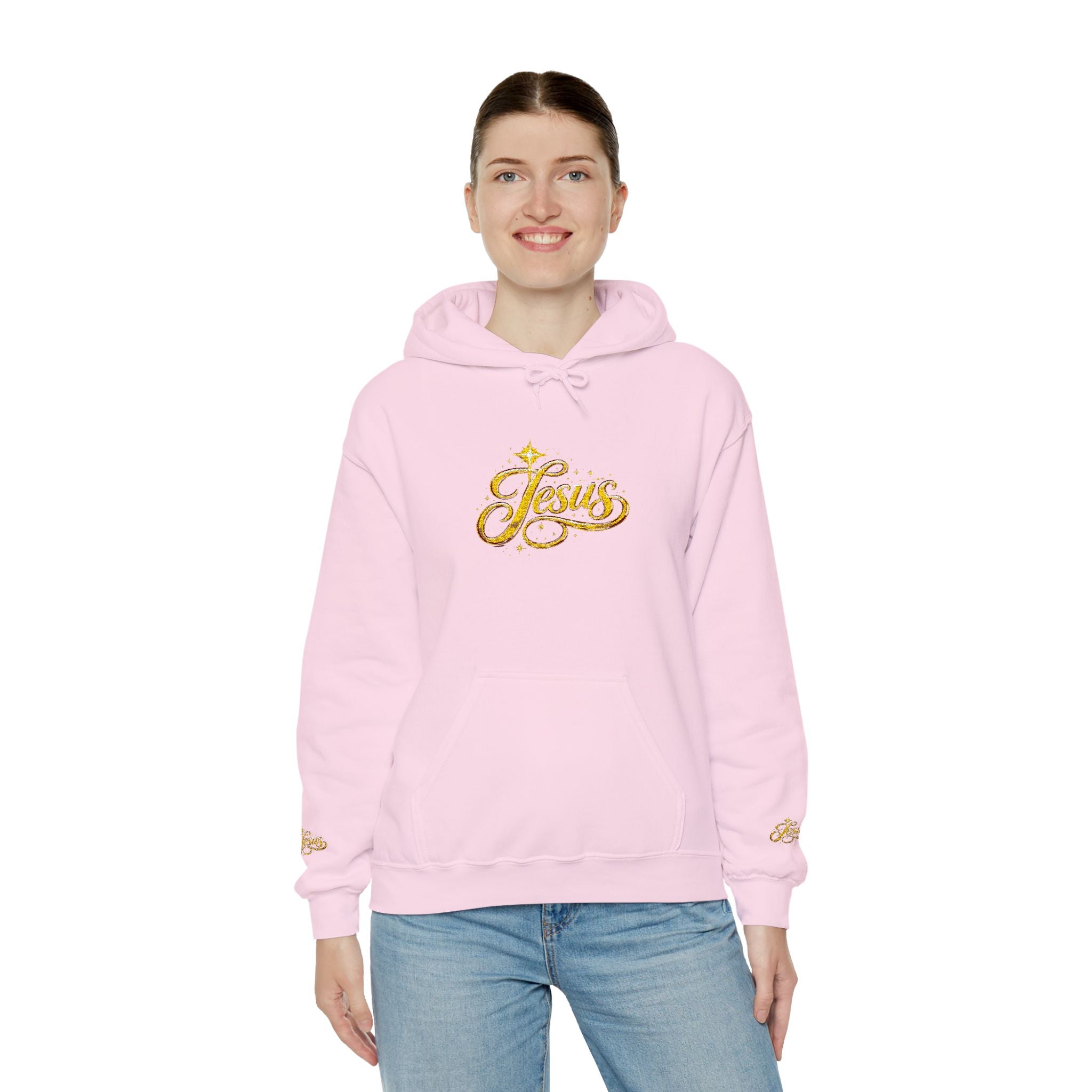 Jesus Gold Script Hoodie – Sparkle Christian Faith Pullover | Inspirational Hoodie