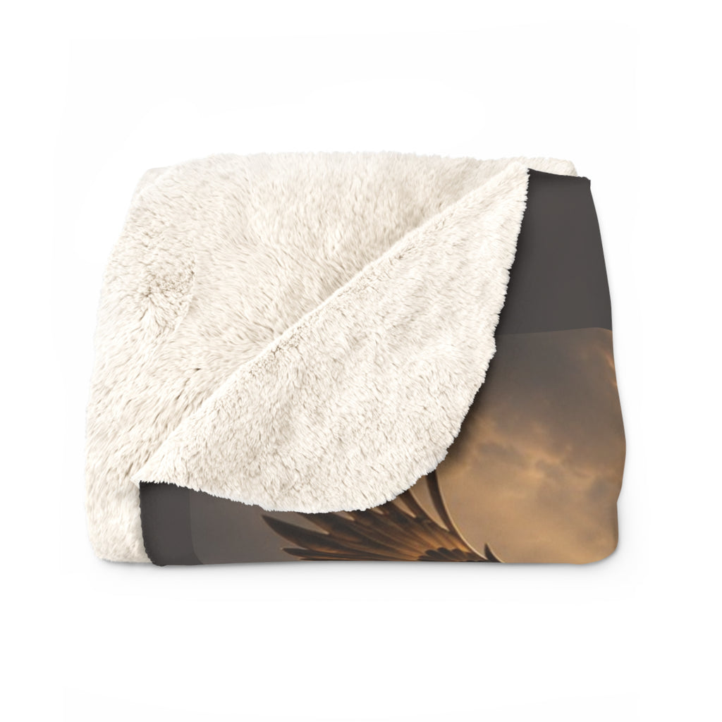Inspirational Christian sherpa fleece blanket featuring a soaring eagle, golden river landscape, and Psalm 27:14 scripture about hoping in Jehovah.