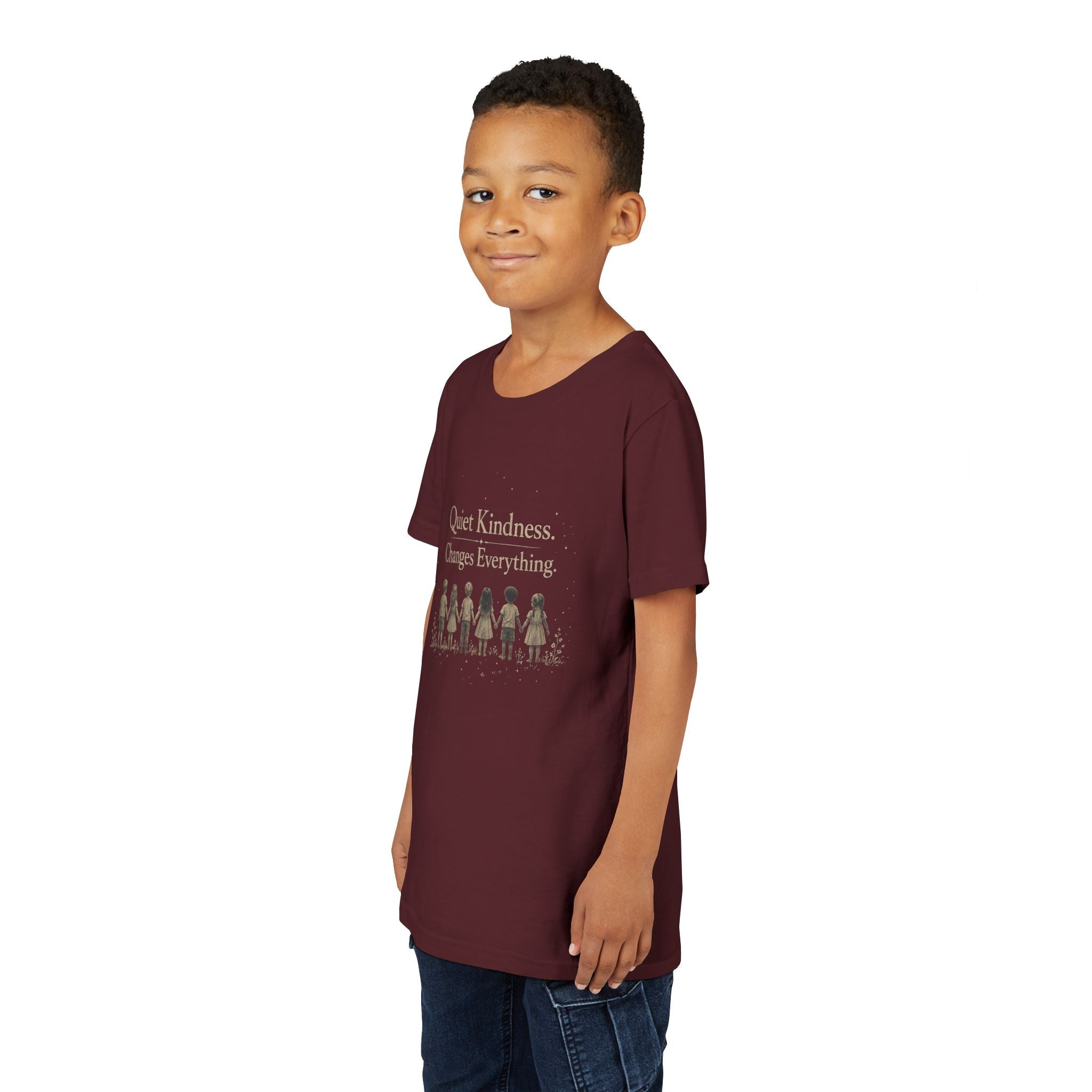 Youth “Quiet Kindness Changes Everything” Tee – Kids Inspirational T-Shirt with Earth & Friends Graphic
