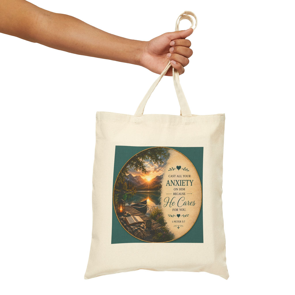 Cast All Your Anxiety Tote Bag | 1 Peter 5:7 Christian Canvas Tote | Inspirational Scripture Bag