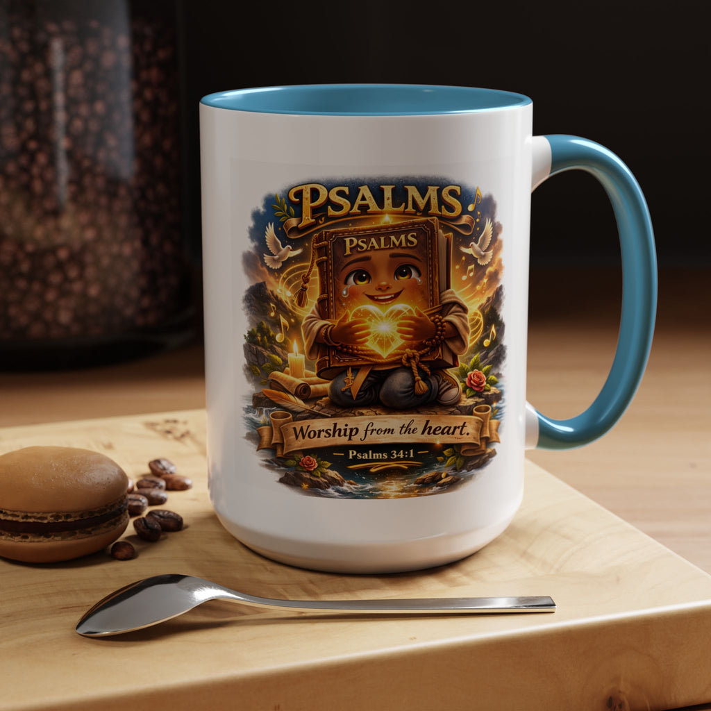 Inspirational Christian ceramic accent coffee mug featuring Psalm 34:1 and the message “Worship From the Heart” with colorful handle and interior accents on a glossy white mug.