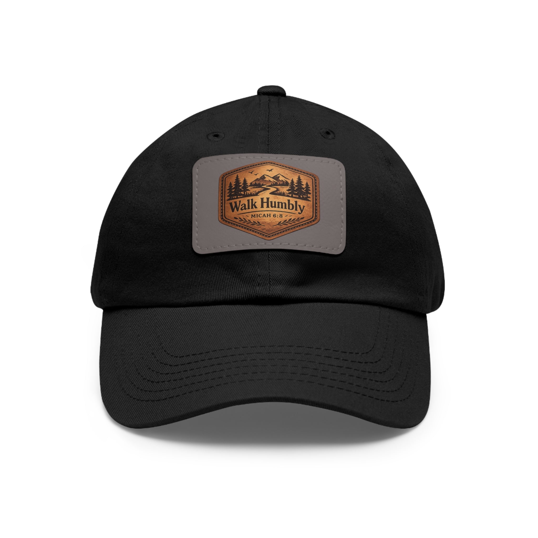 Vintage-inspired Christian dad hat featuring a faux leather “Walk Humbly” Micah 6:8 patch with rustic outdoor styling and antique brass buckle closure.