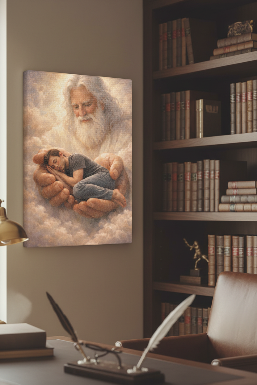 Safely in His Hands Canvas — Man Sleeping in God's Embrace | Christian Faith Wall Art