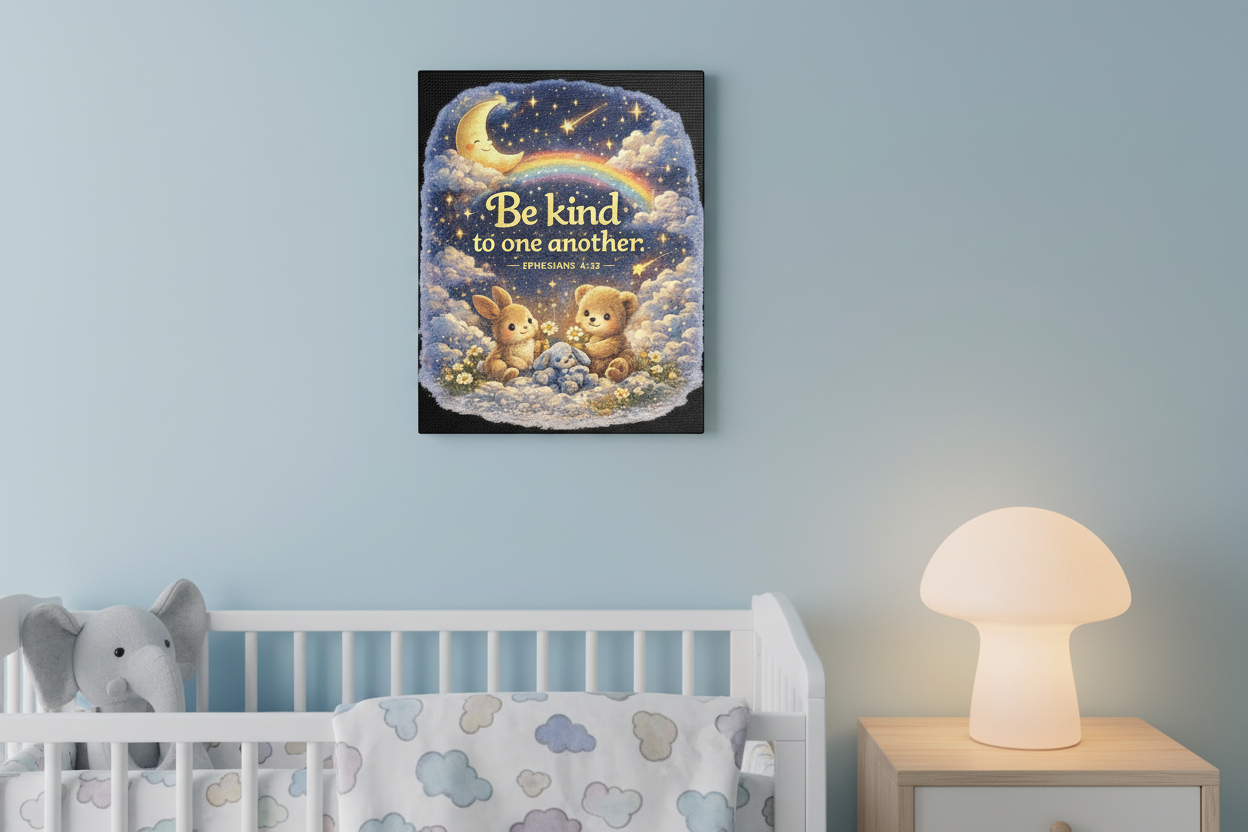 Be Kind to One Another Canvas — Bunny & Bear Nursery Wall Art (Ephesians 4:32)