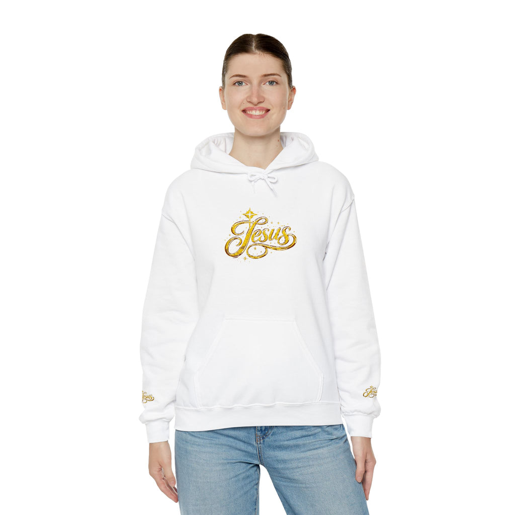 Jesus Gold Script Hoodie – Sparkle Christian Faith Pullover | Inspirational Hoodie