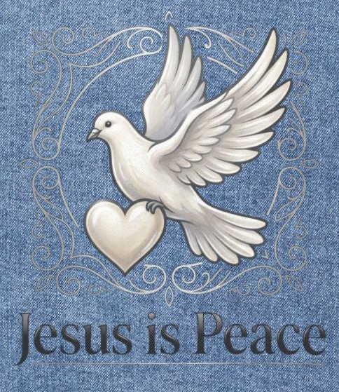 A square graphic print featuring a white dove holding a cream-colored heart, set against a blue denim-like textured background with ornate silver scrollwork and the text 'Jesus is Peace' at the bottom.